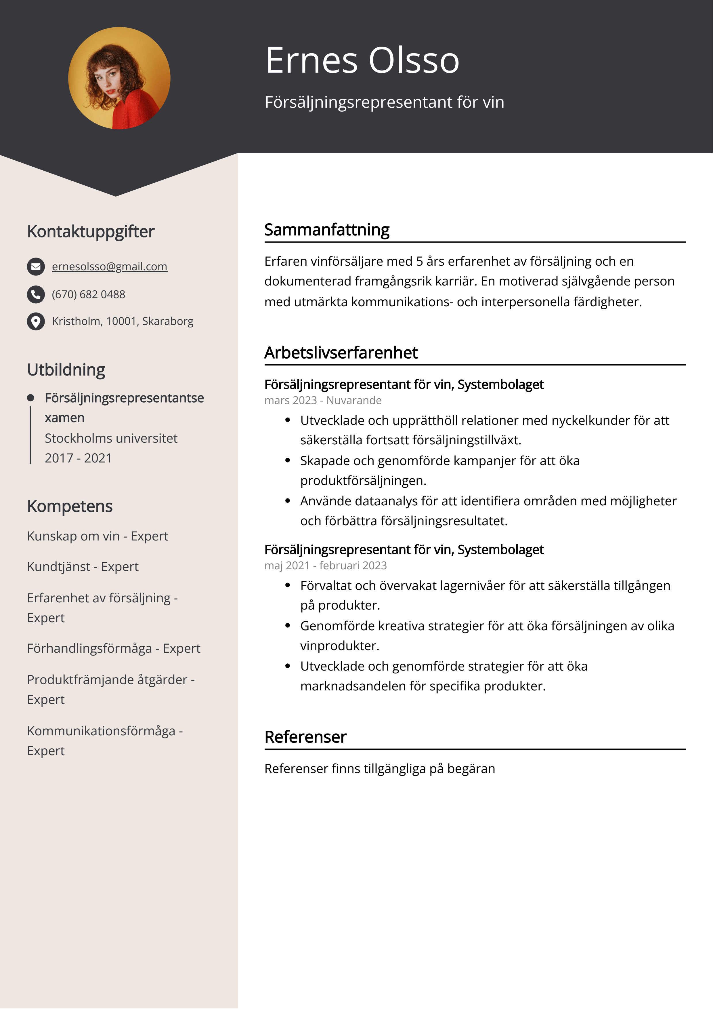 Försäljningsrepresentant för vin CV Exempel