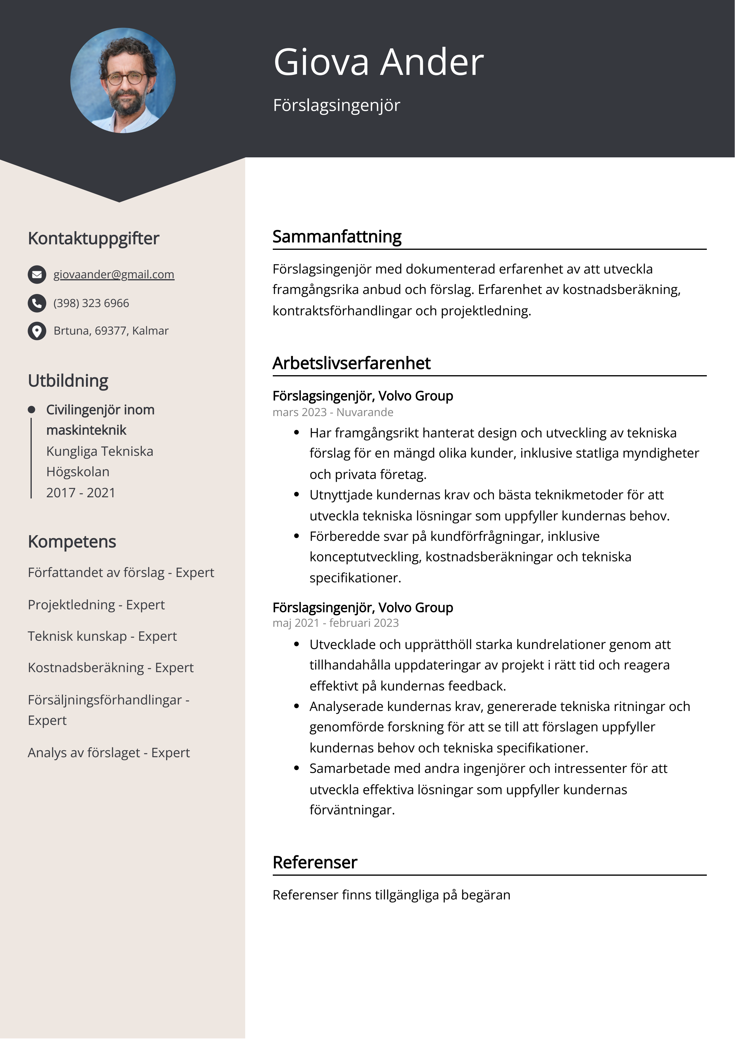 Förslagsingenjör CV Exempel