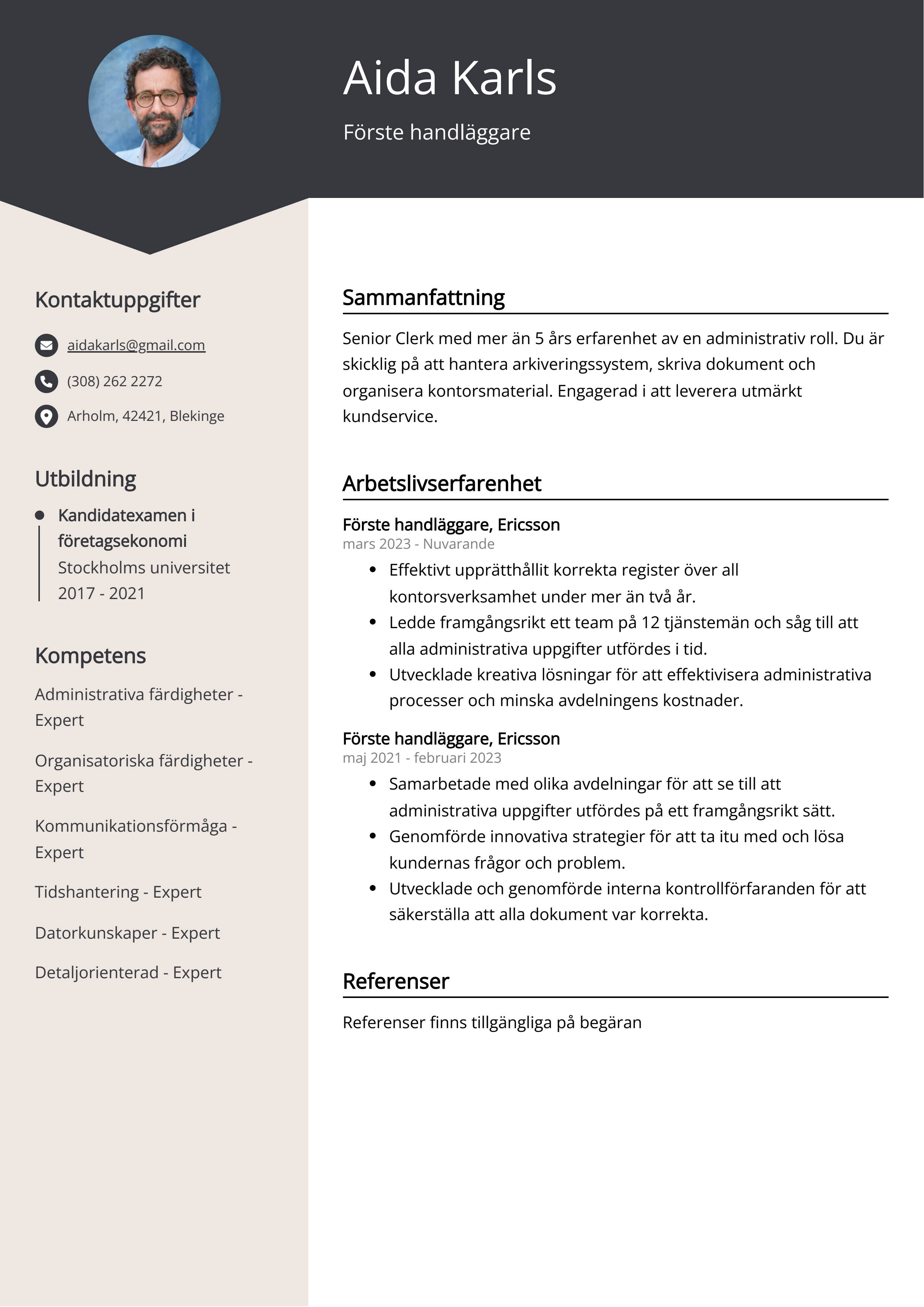 Förste handläggare CV Exempel