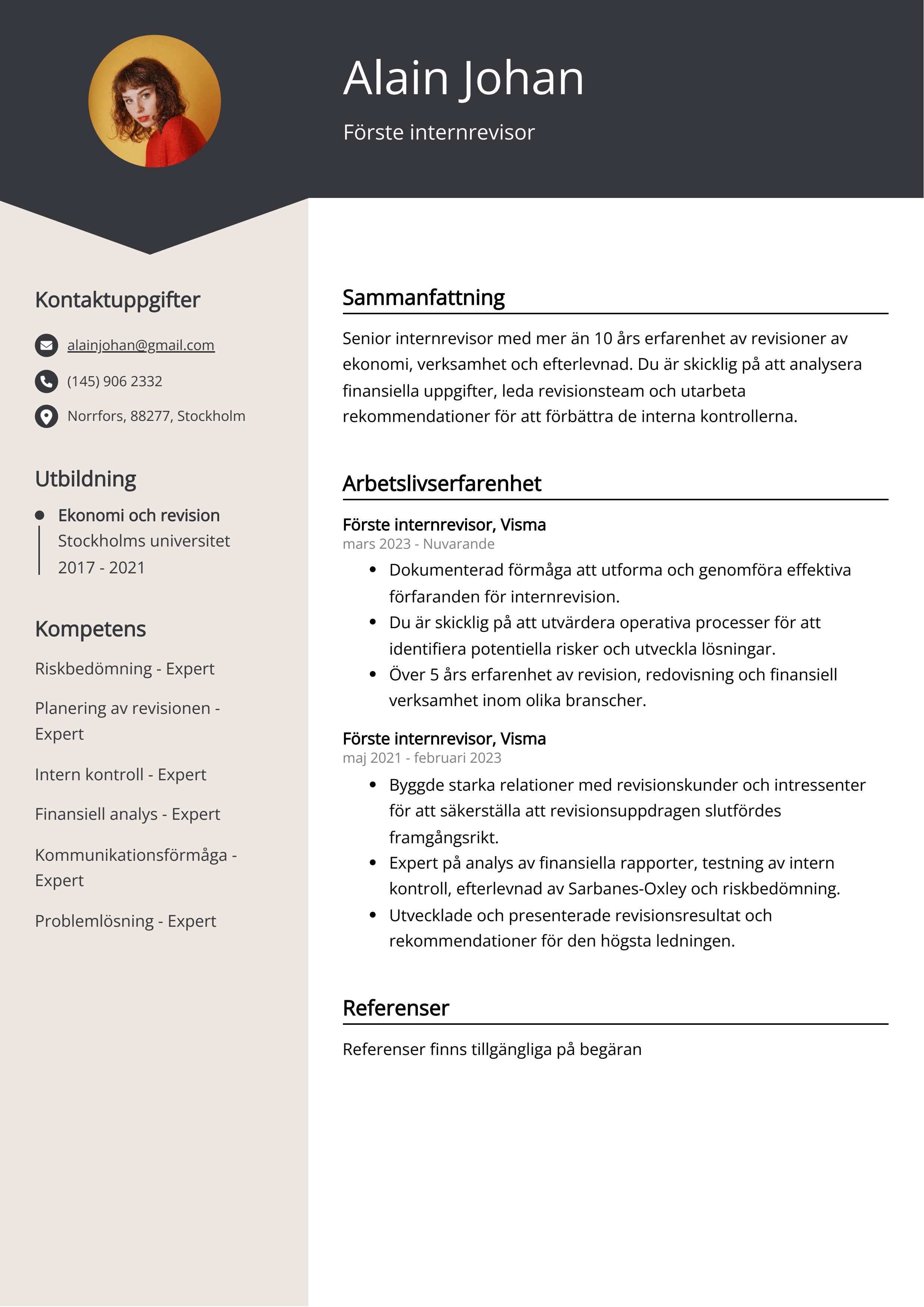 Förste internrevisor CV Exempel