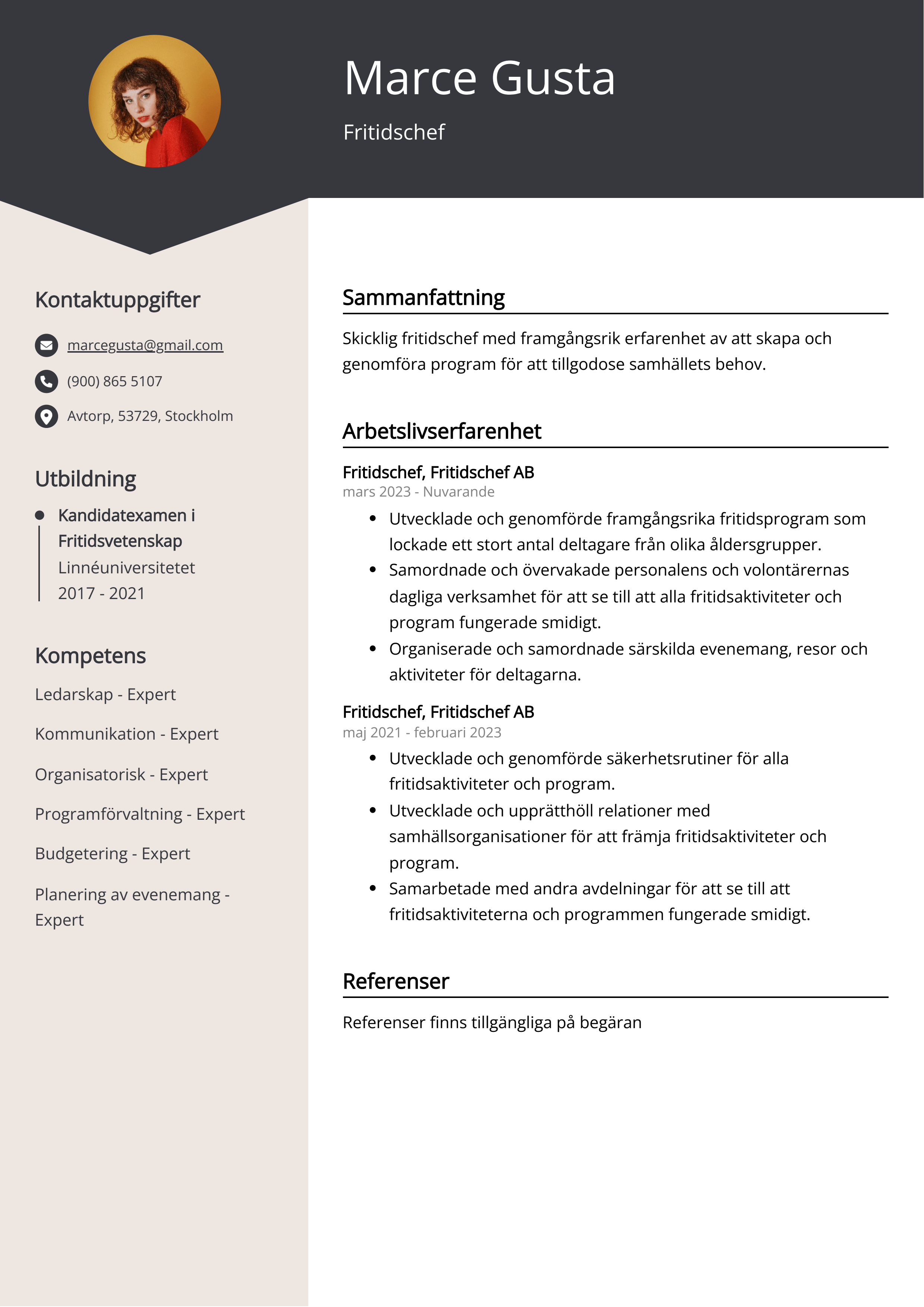 Exempel på CV för fritidschef