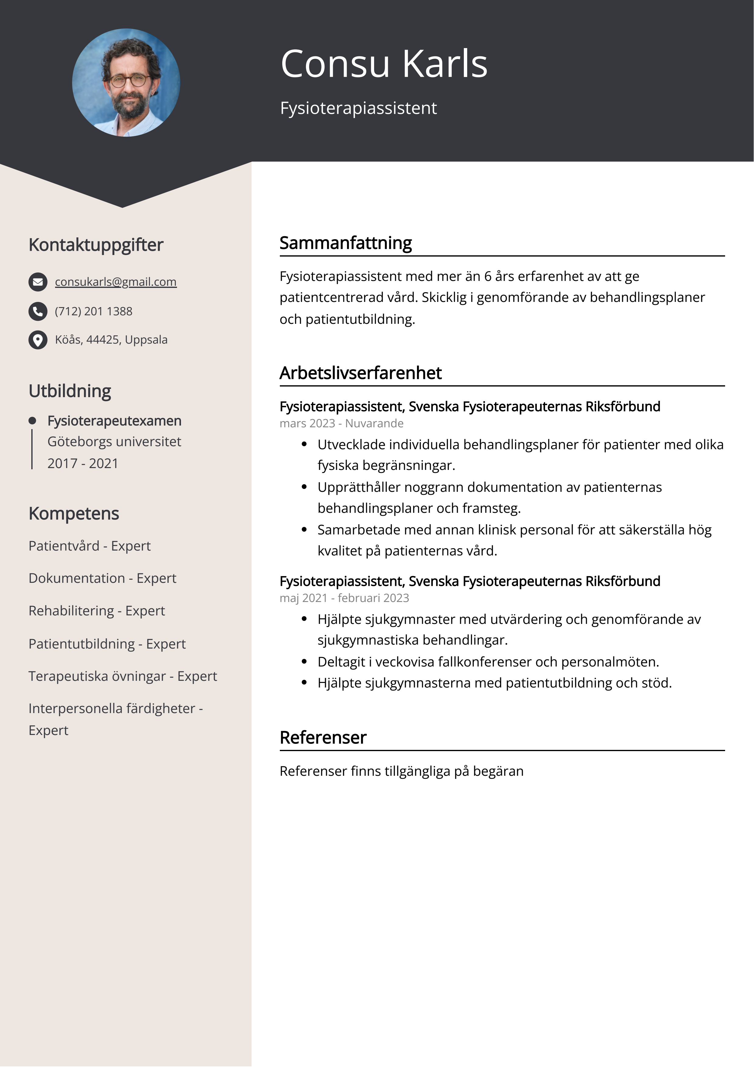 Fysioterapiassistent CV Exempel