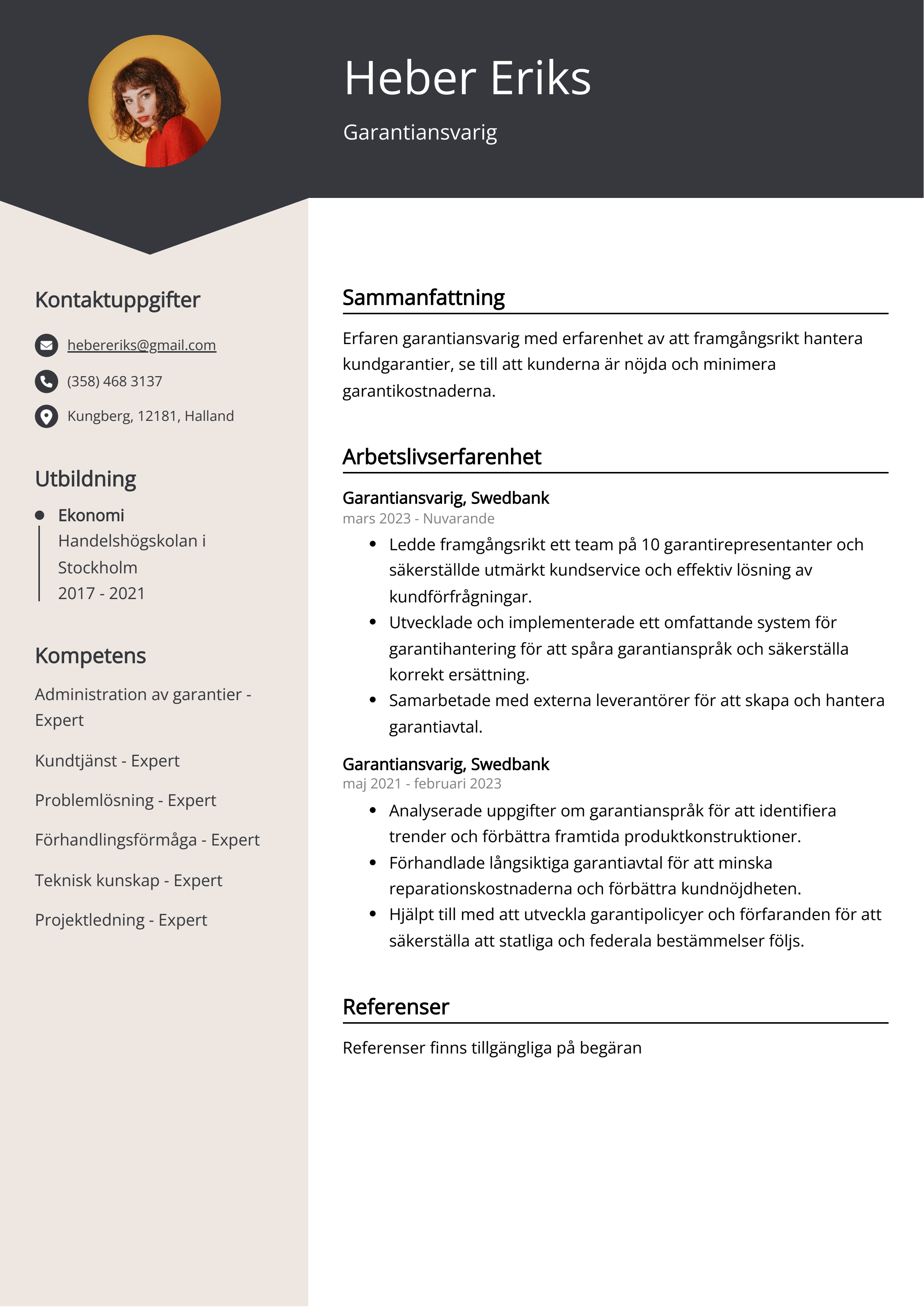 Exempel på CV för garantiansvarig