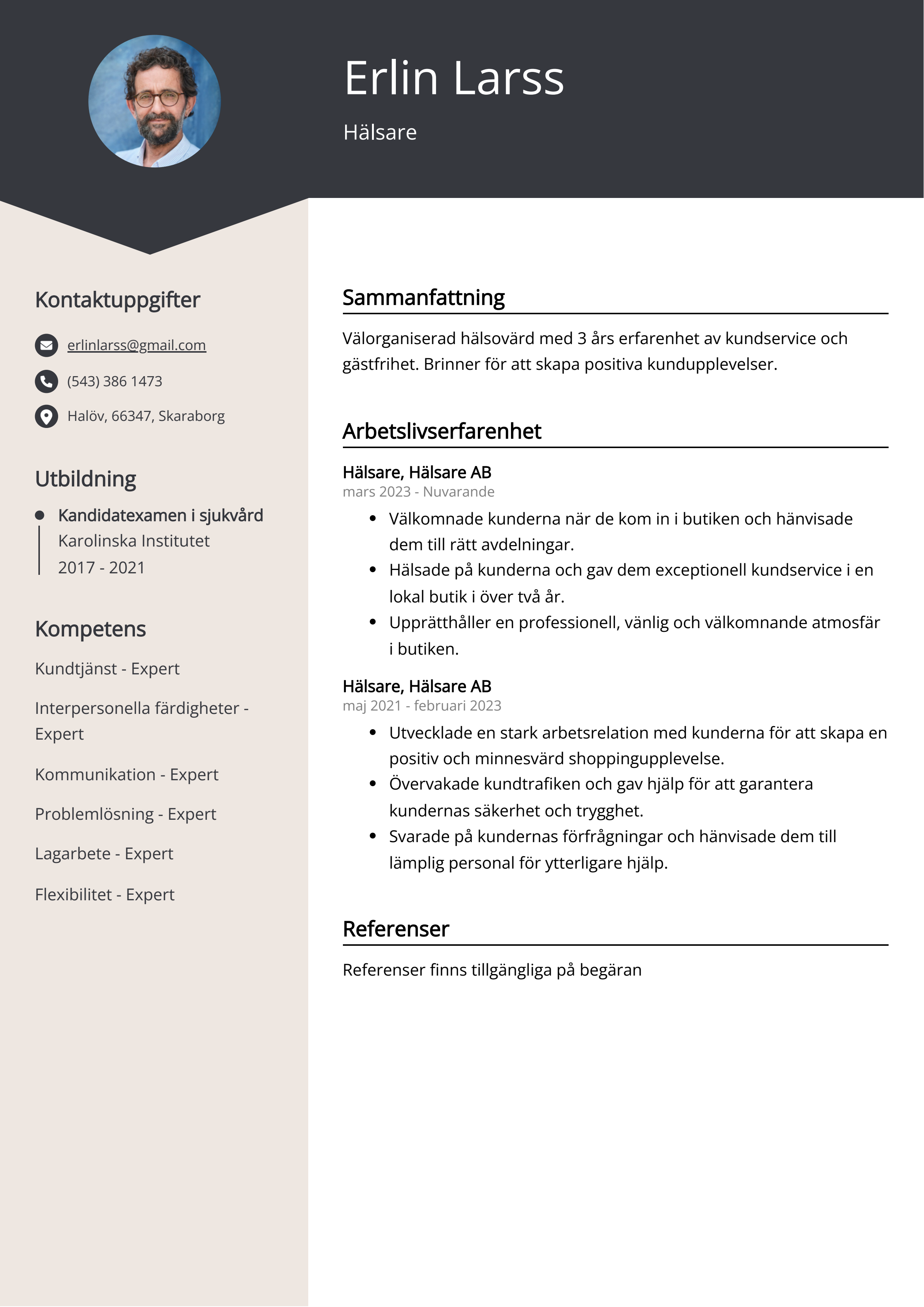 Hälsare CV Exempel