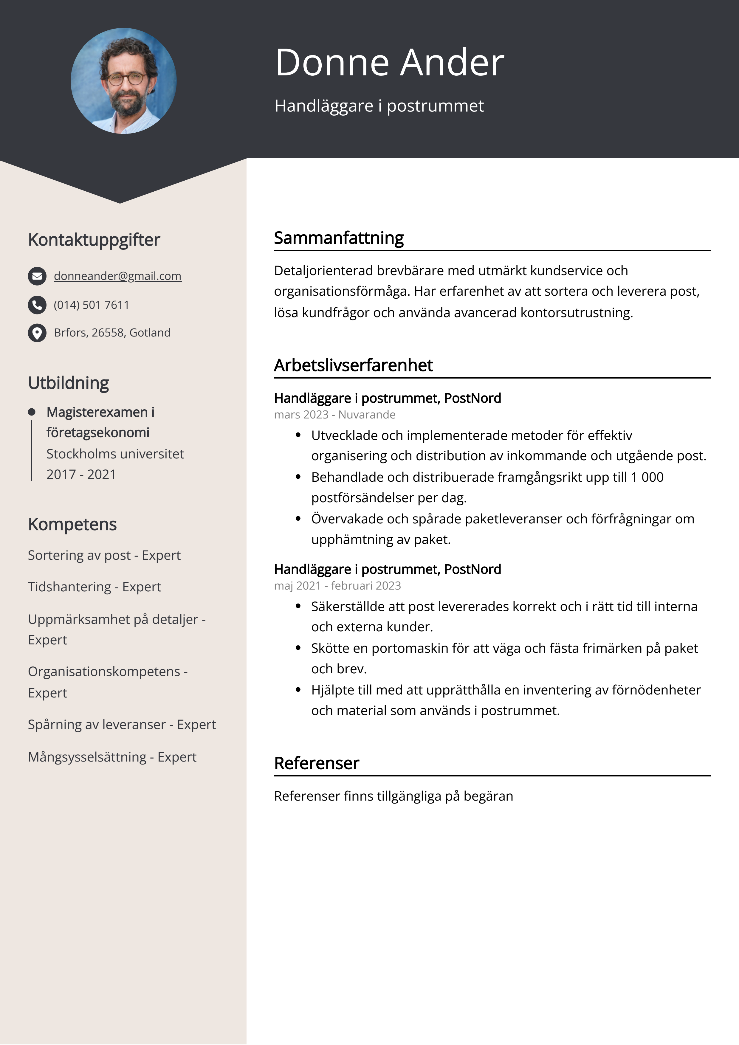 Handläggare i postrummet Resume Example