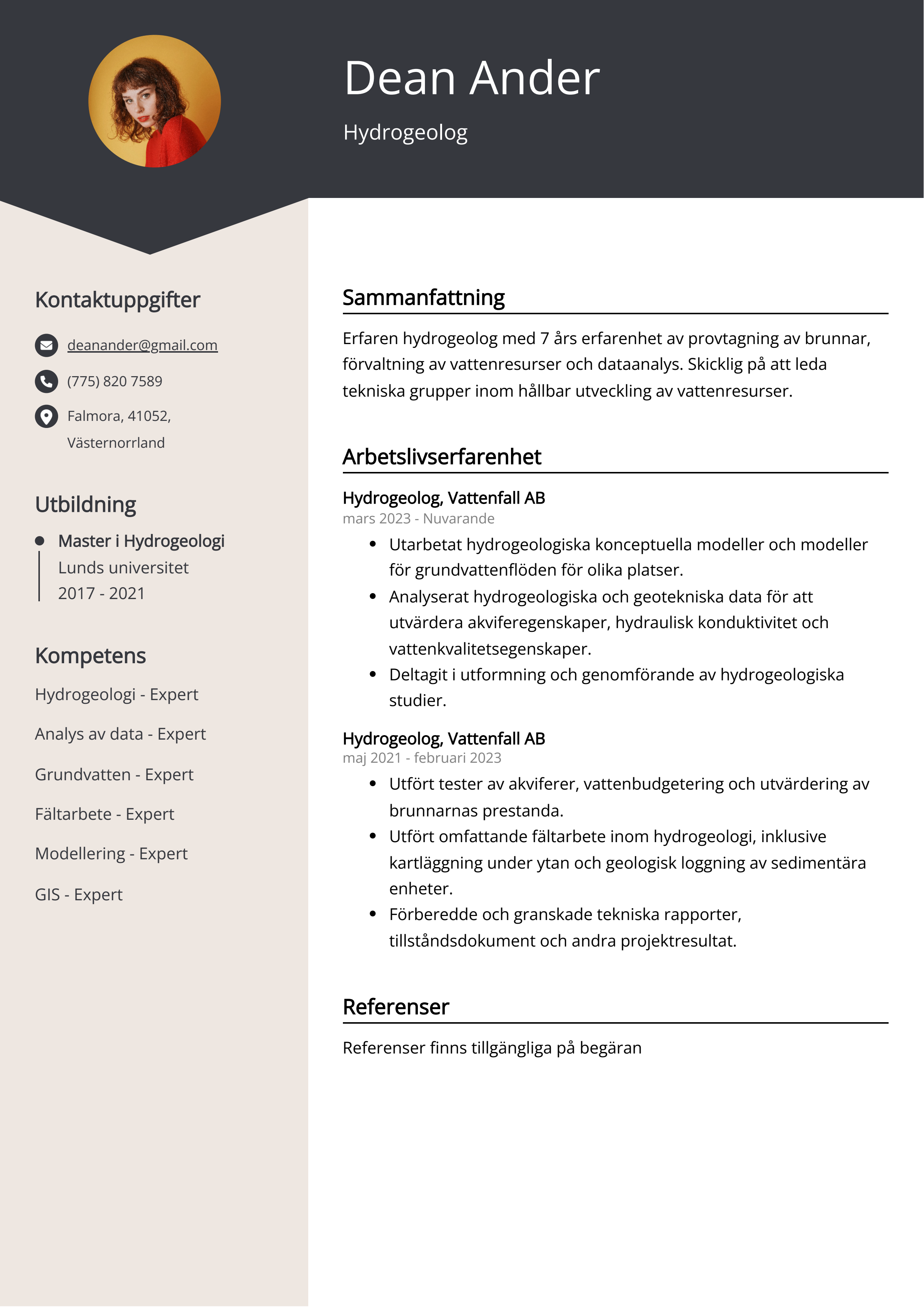 Hydrogeolog CV exempel