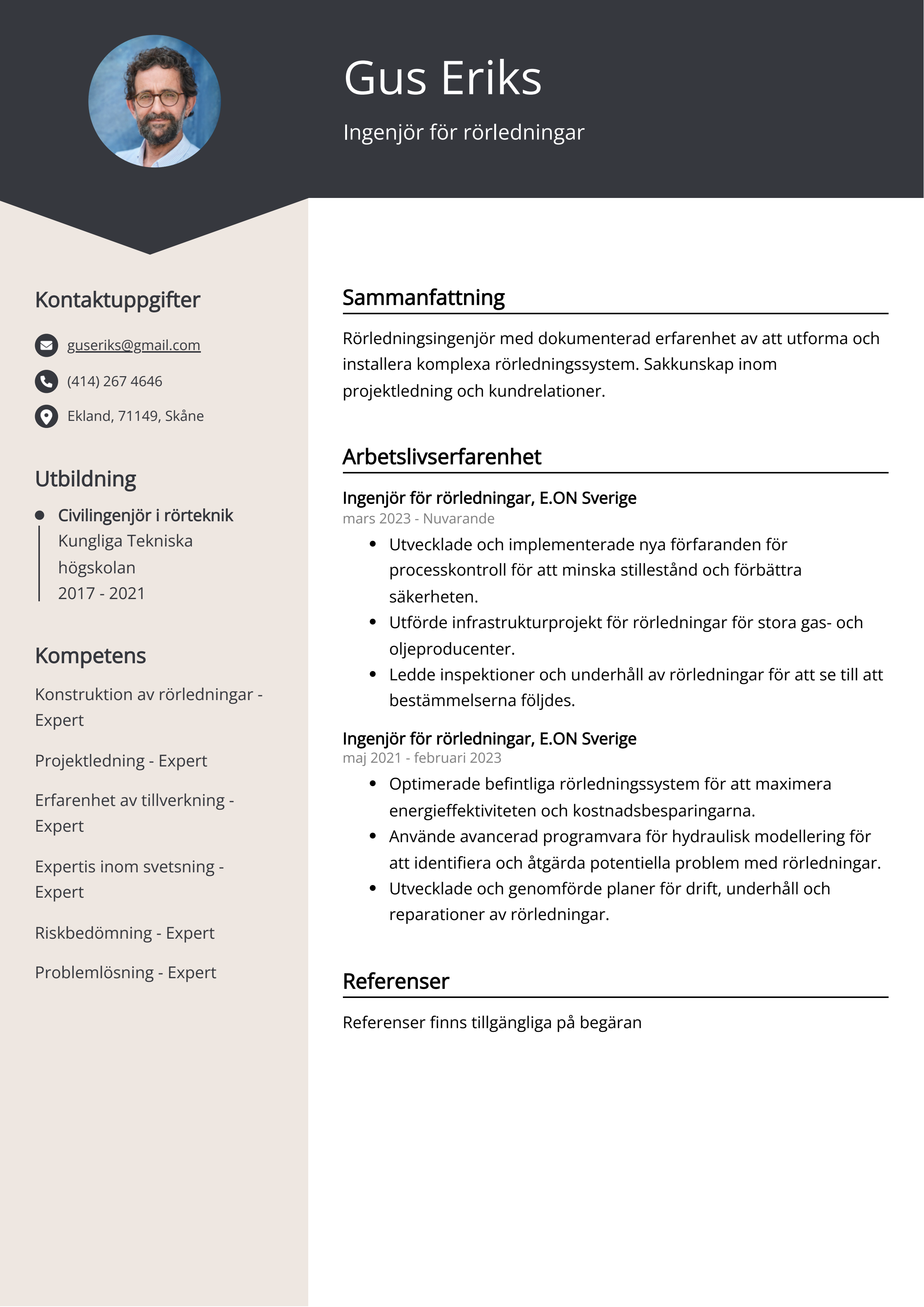 Ingenjör för rörledningar Exempel på CV