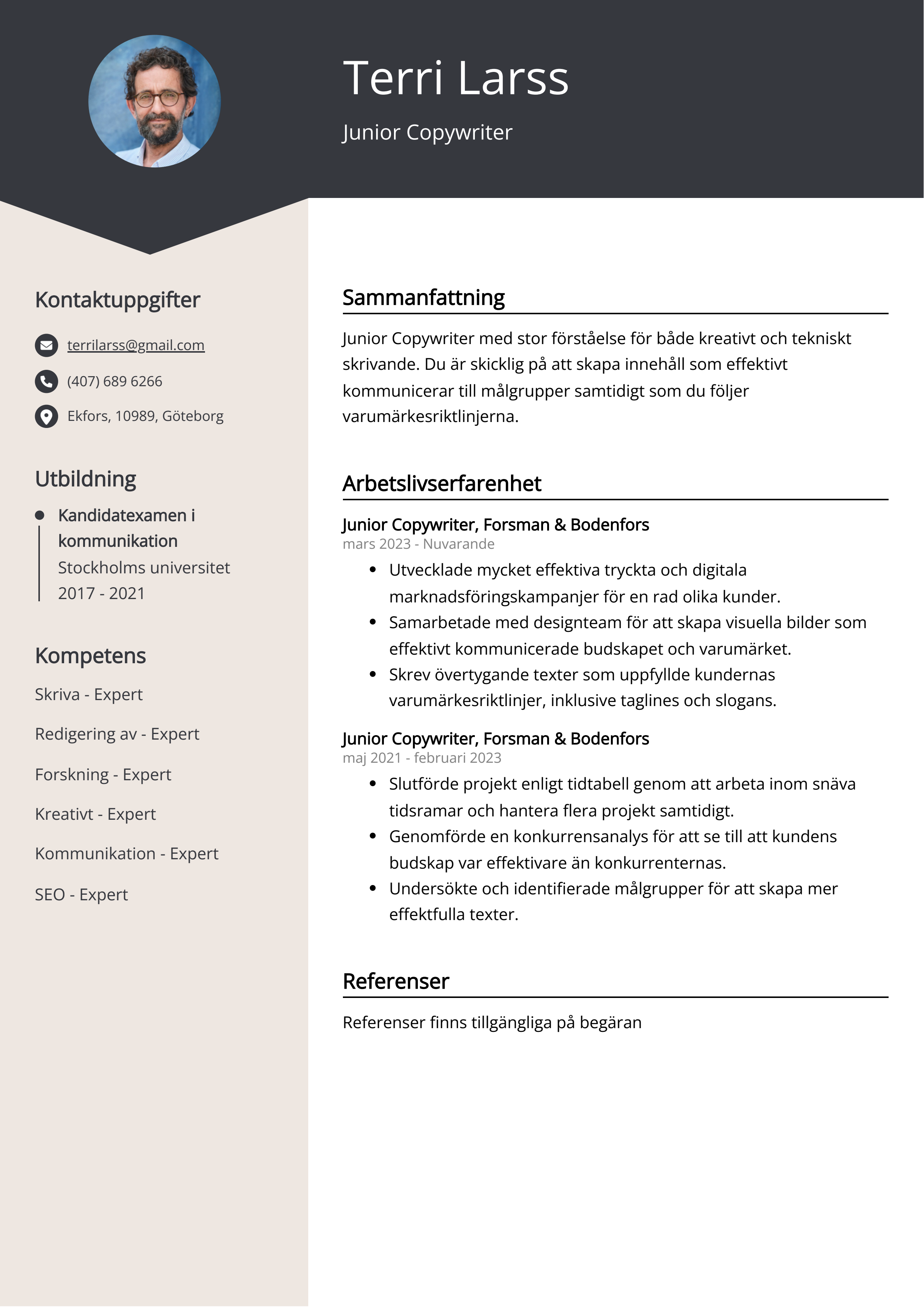 Junior Copywriter Exempel på CV