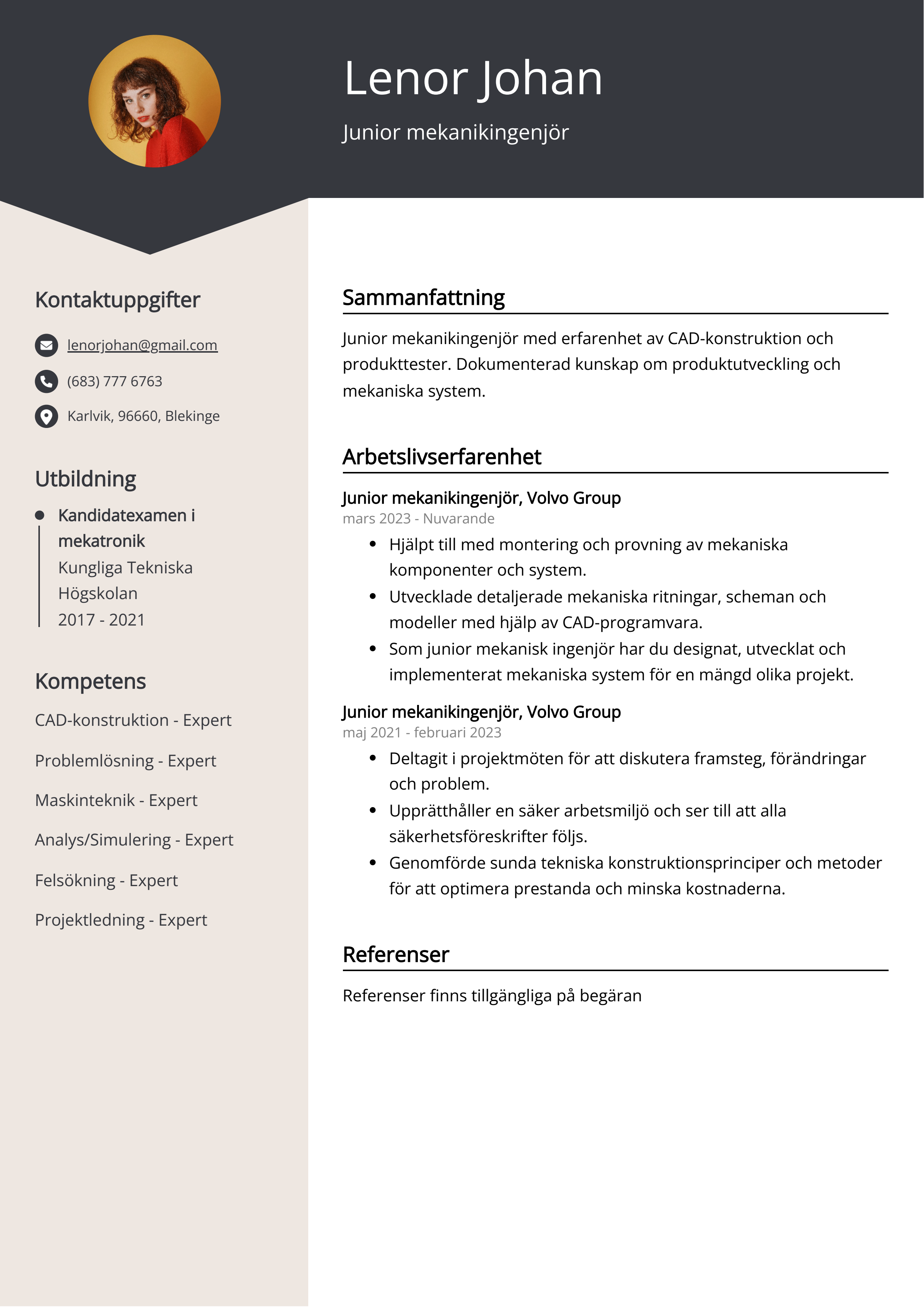 Junior mekanikingenjör CV Exempel