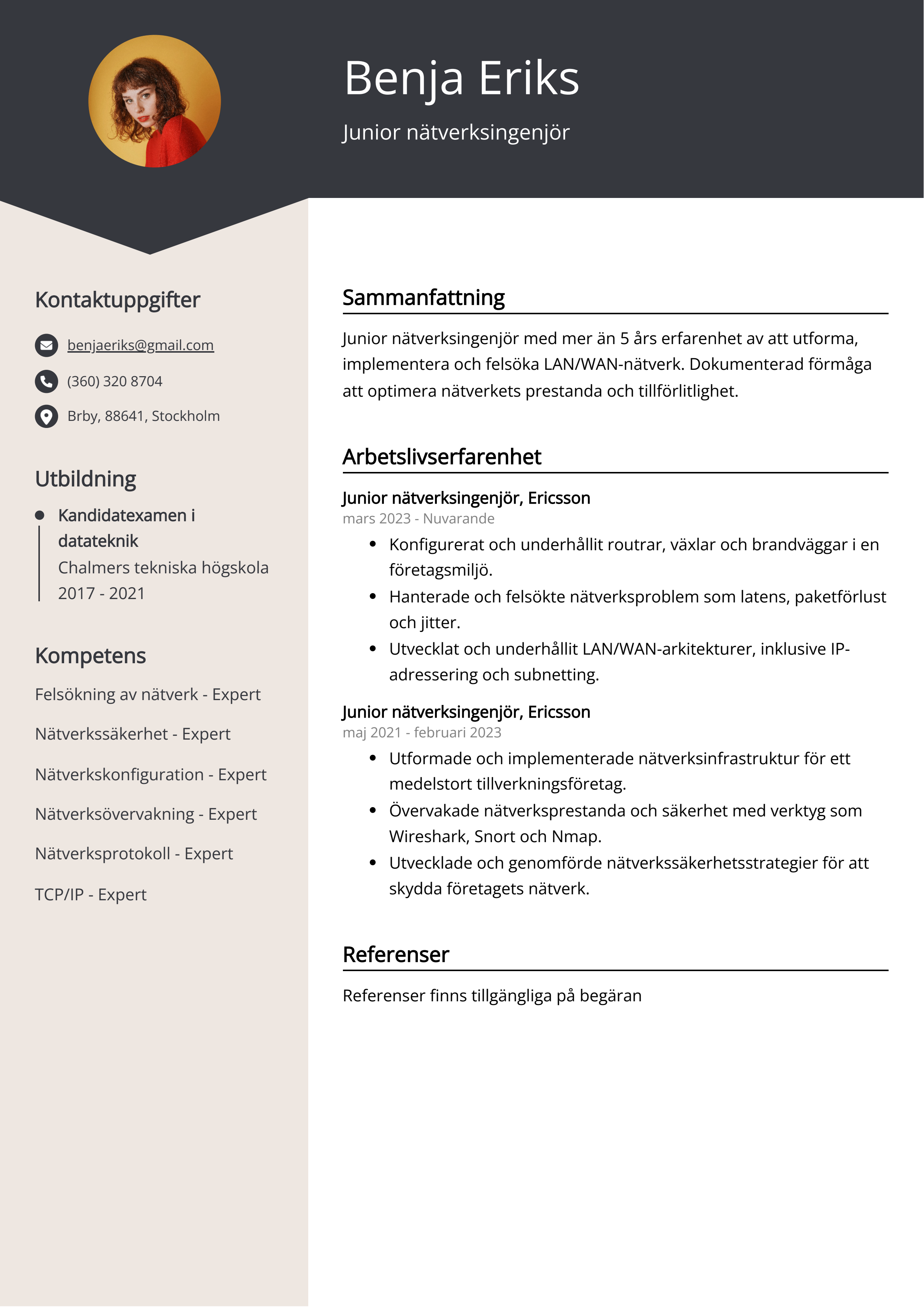 Junior nätverksingenjör CV Exempel