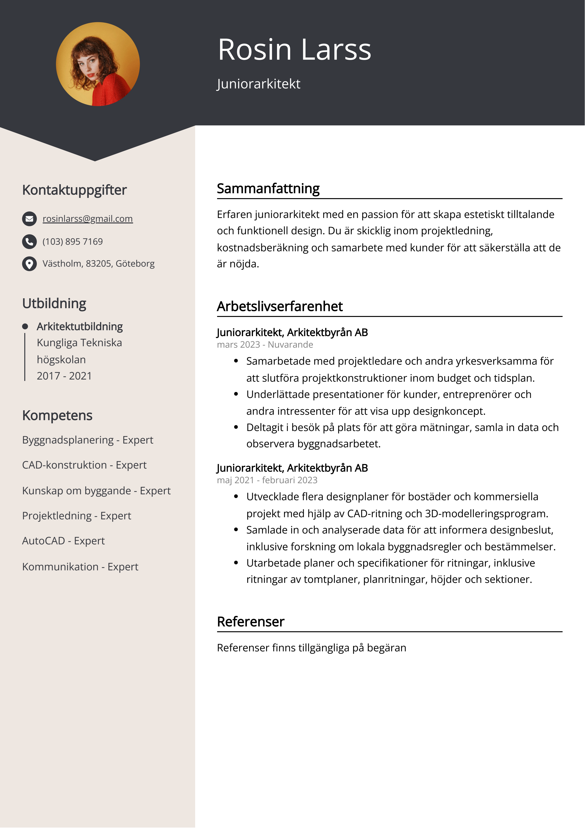 Juniorarkitekt CV exempel