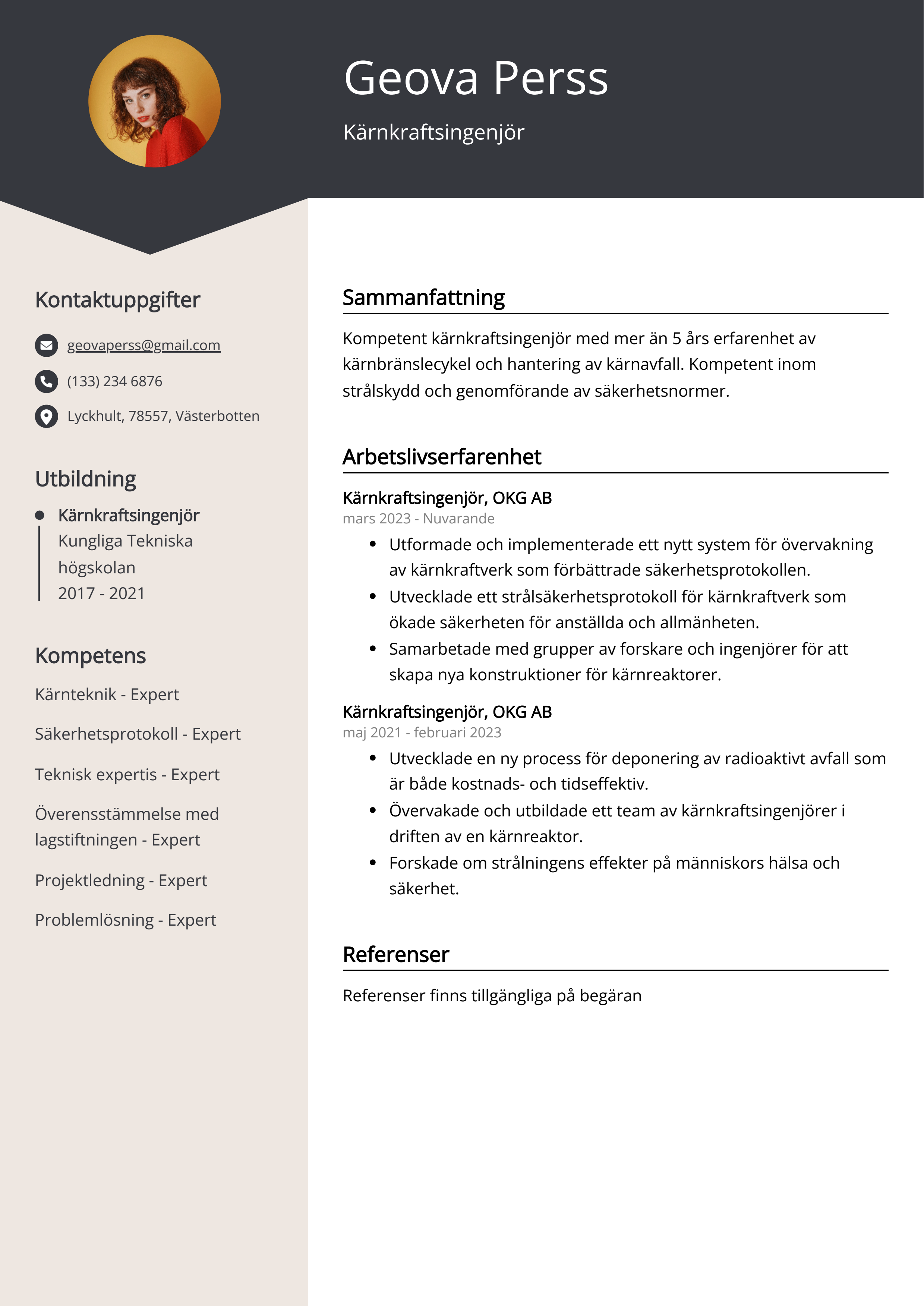 Kärnkraftsingenjör CV Exempel