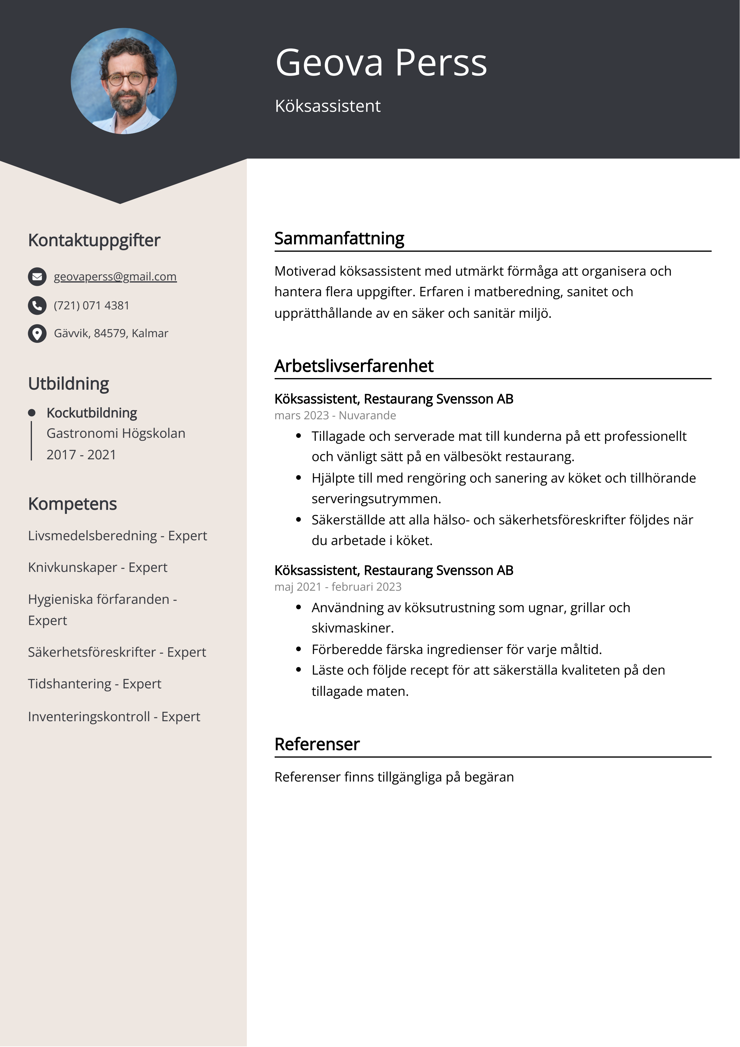 Exempel på CV för Köksassistent