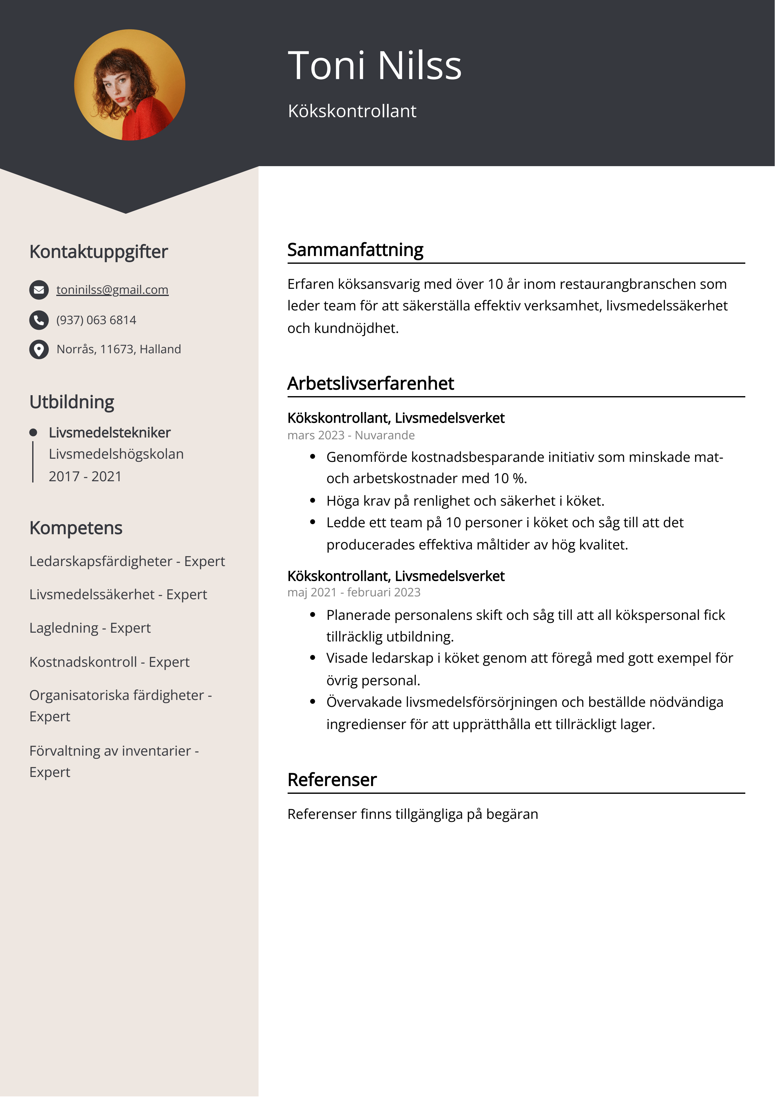 Kökskontrollant CV exempel