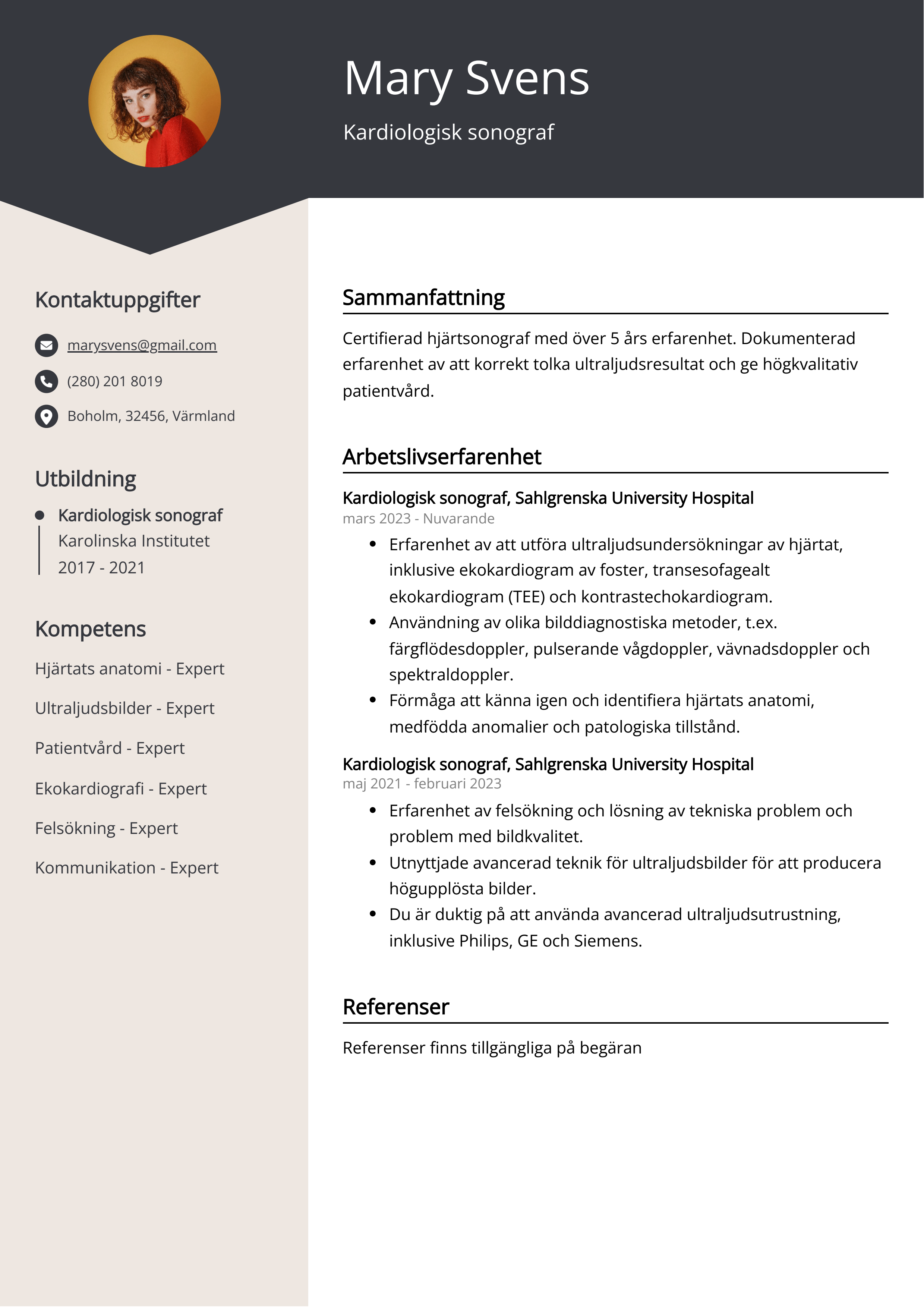 Kardiologisk sonograf CV Exempel