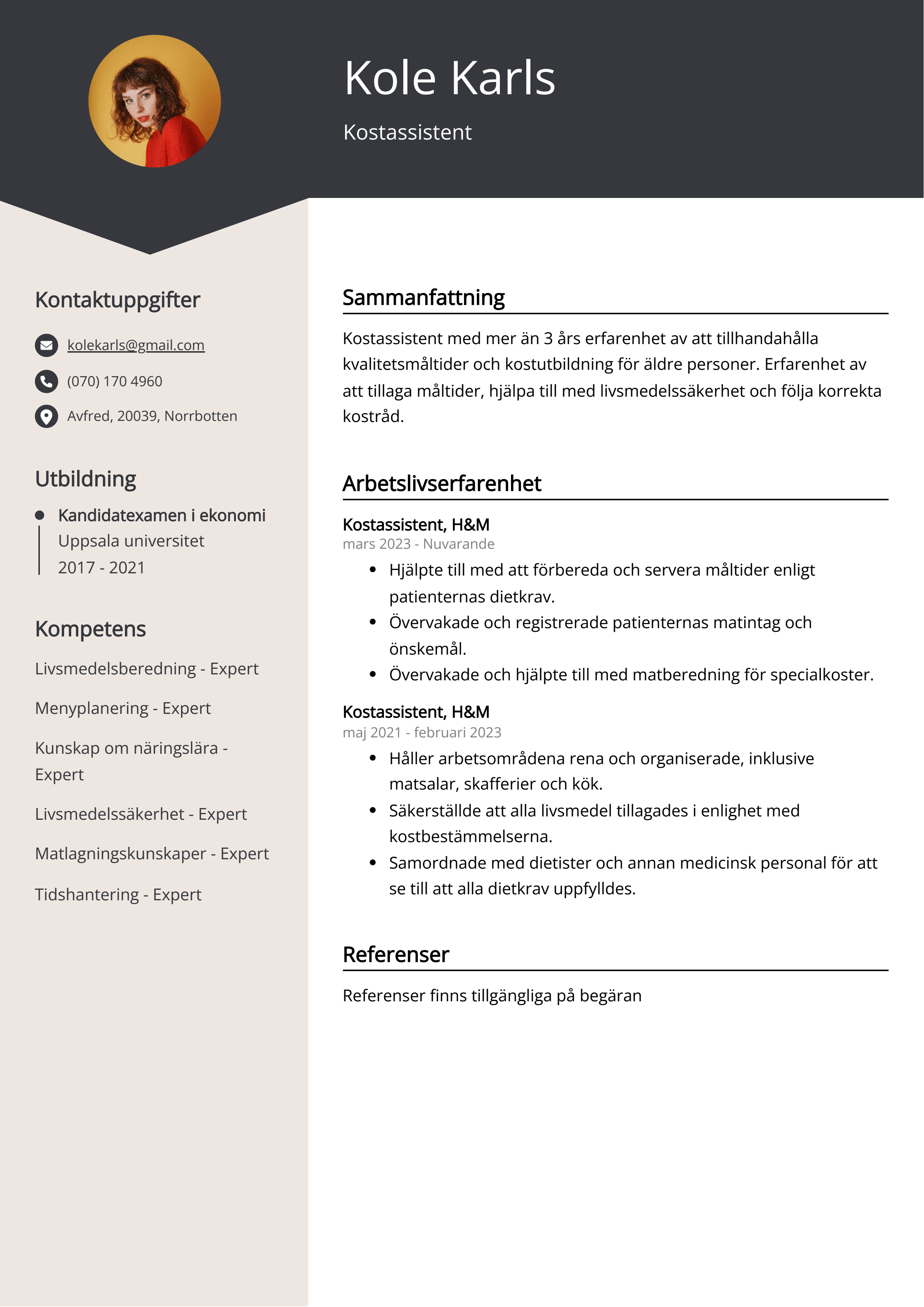 Exempel på CV för kostassistent