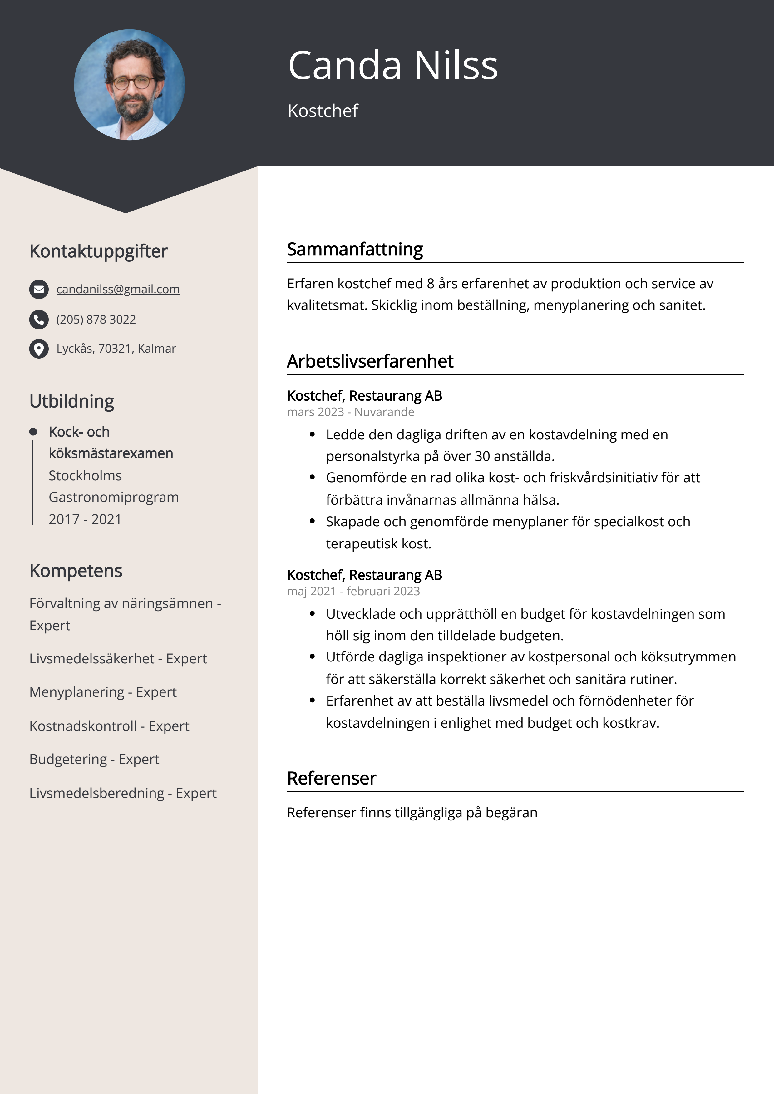 Kostchef CV exempel