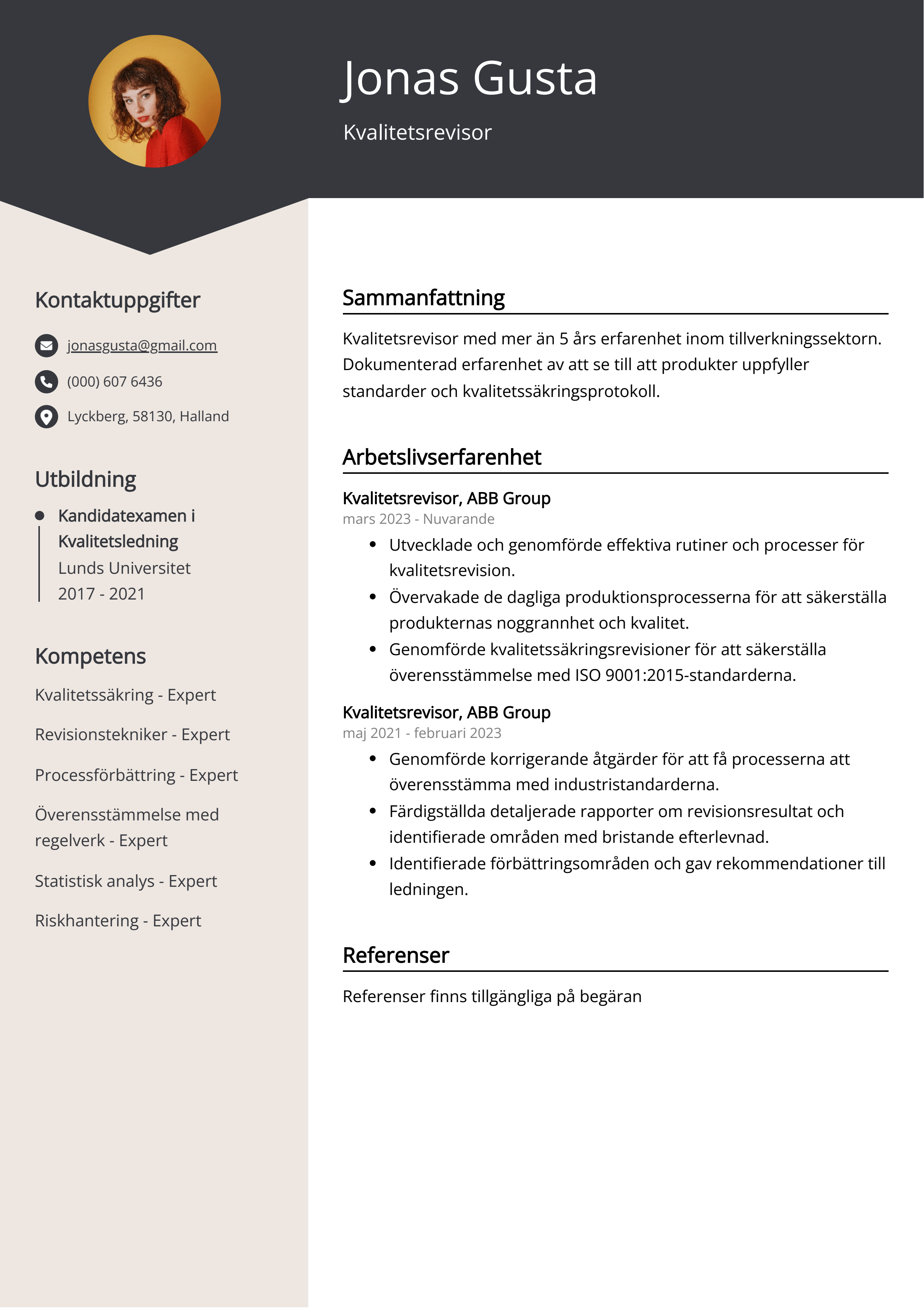 Kvalitetsrevisor CV Exempel