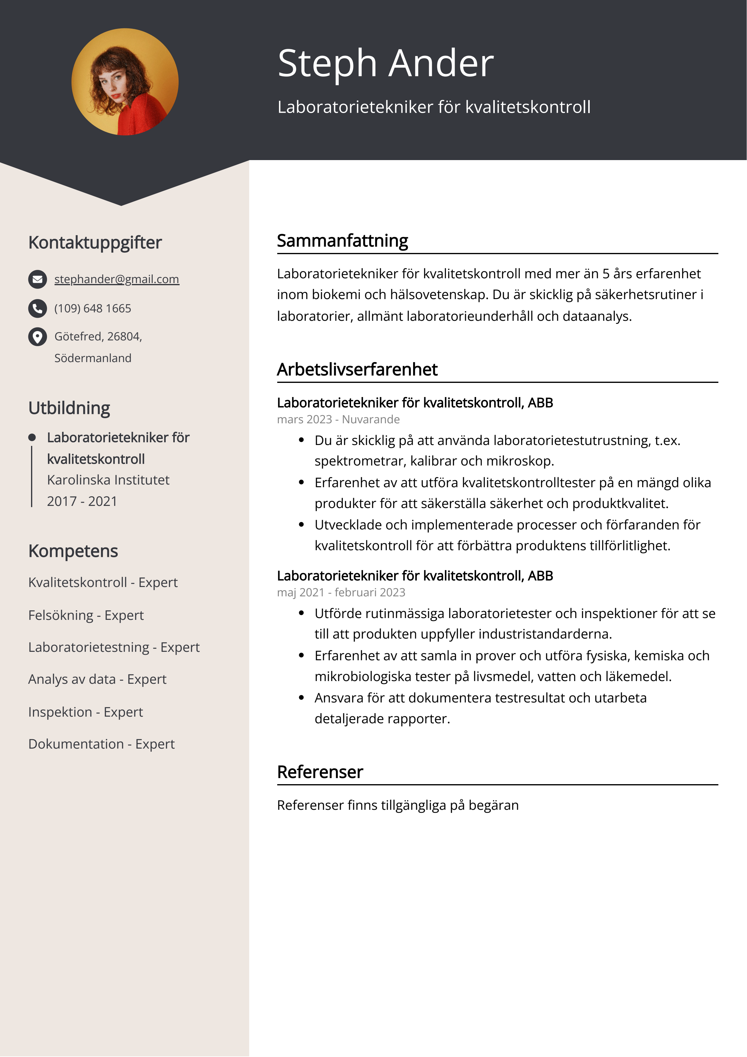 Laboratorietekniker för kvalitetskontroll CV Exempel