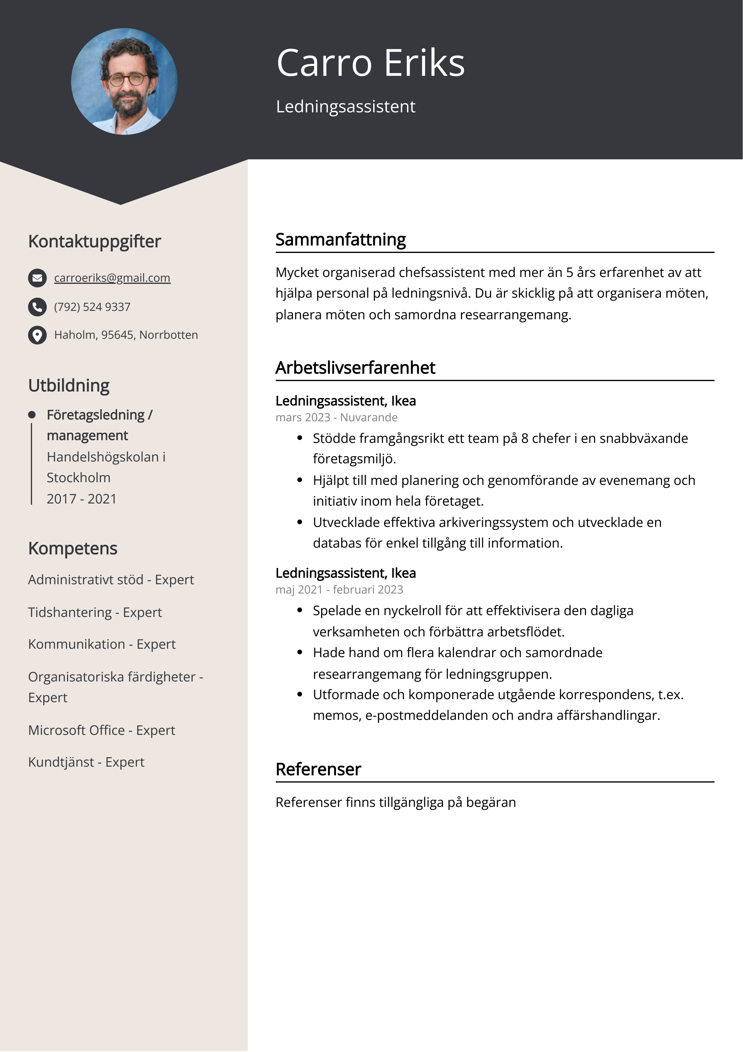 Ledningsassistent CV Exempel