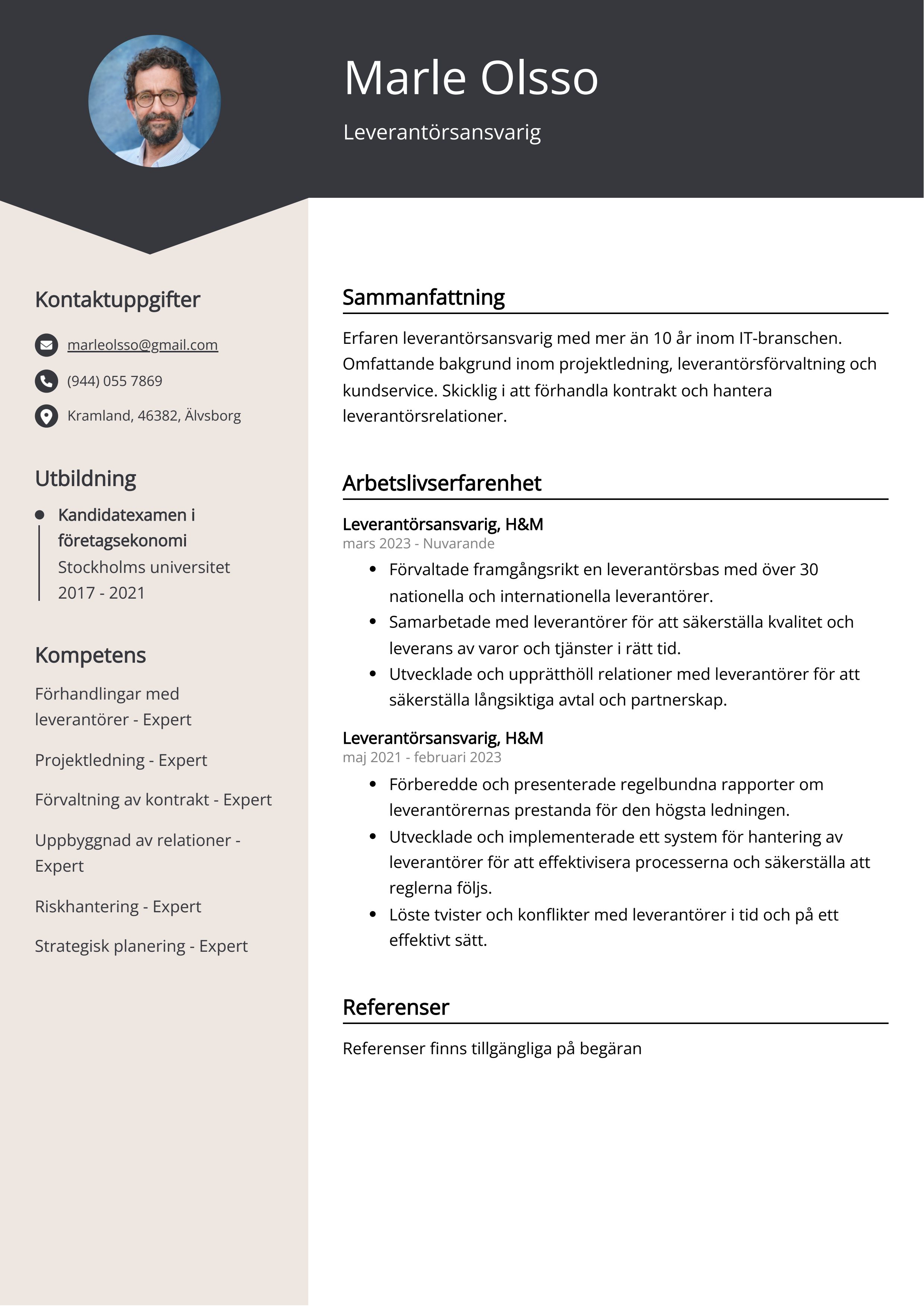 Leverantörsansvarig CV Exempel