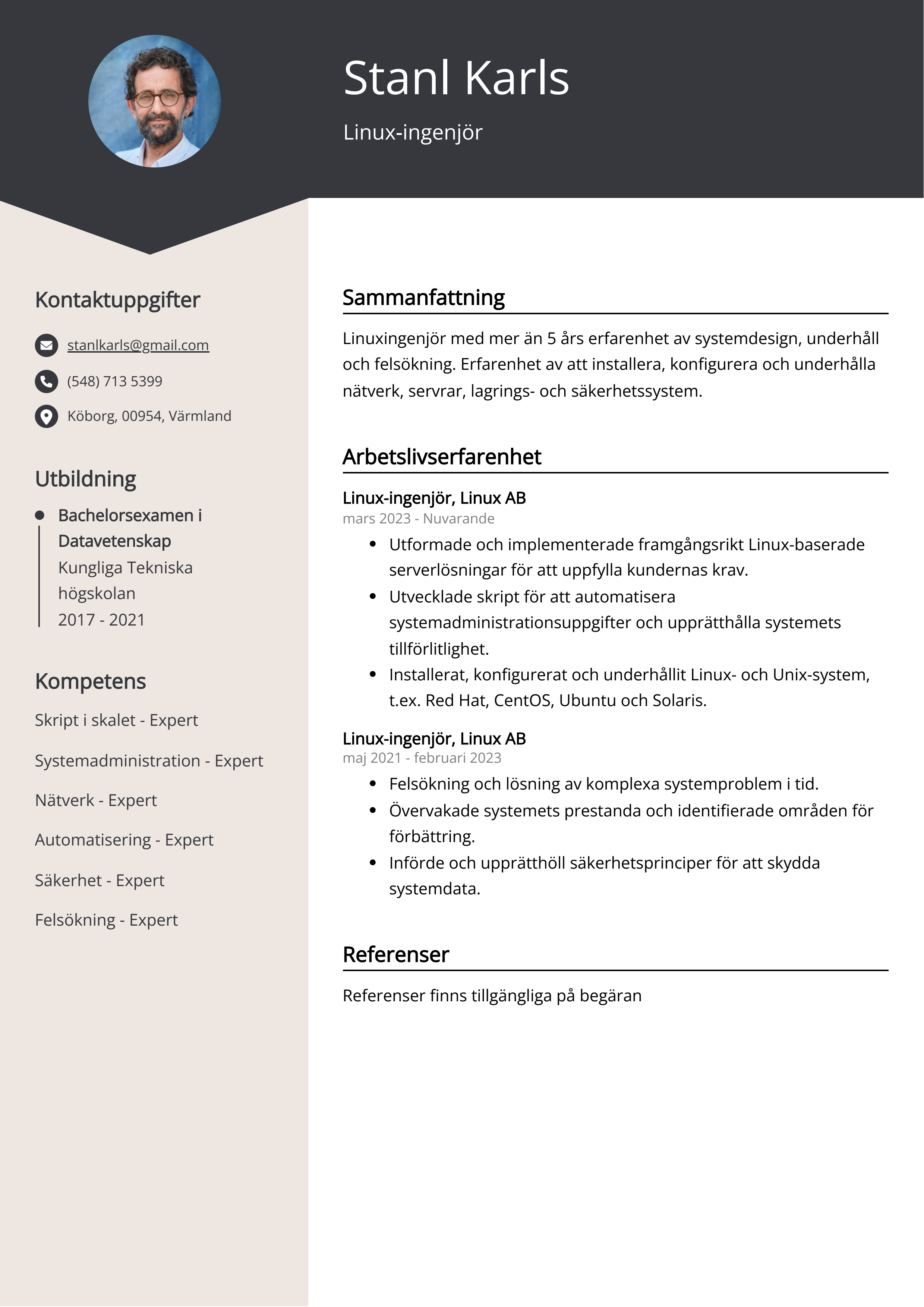 Linux-ingenjör CV Exempel