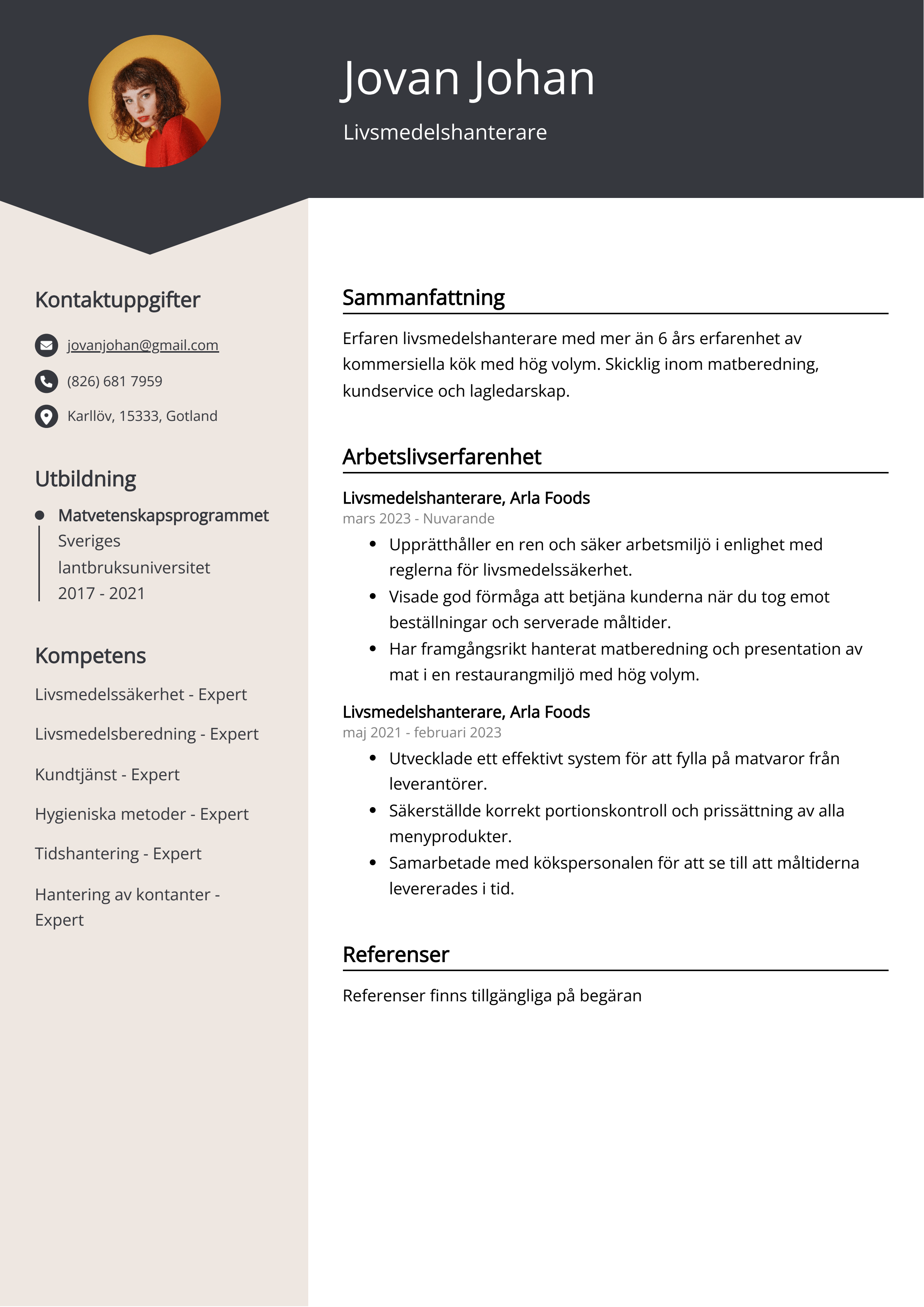 Livsmedelshanterare CV Exempel