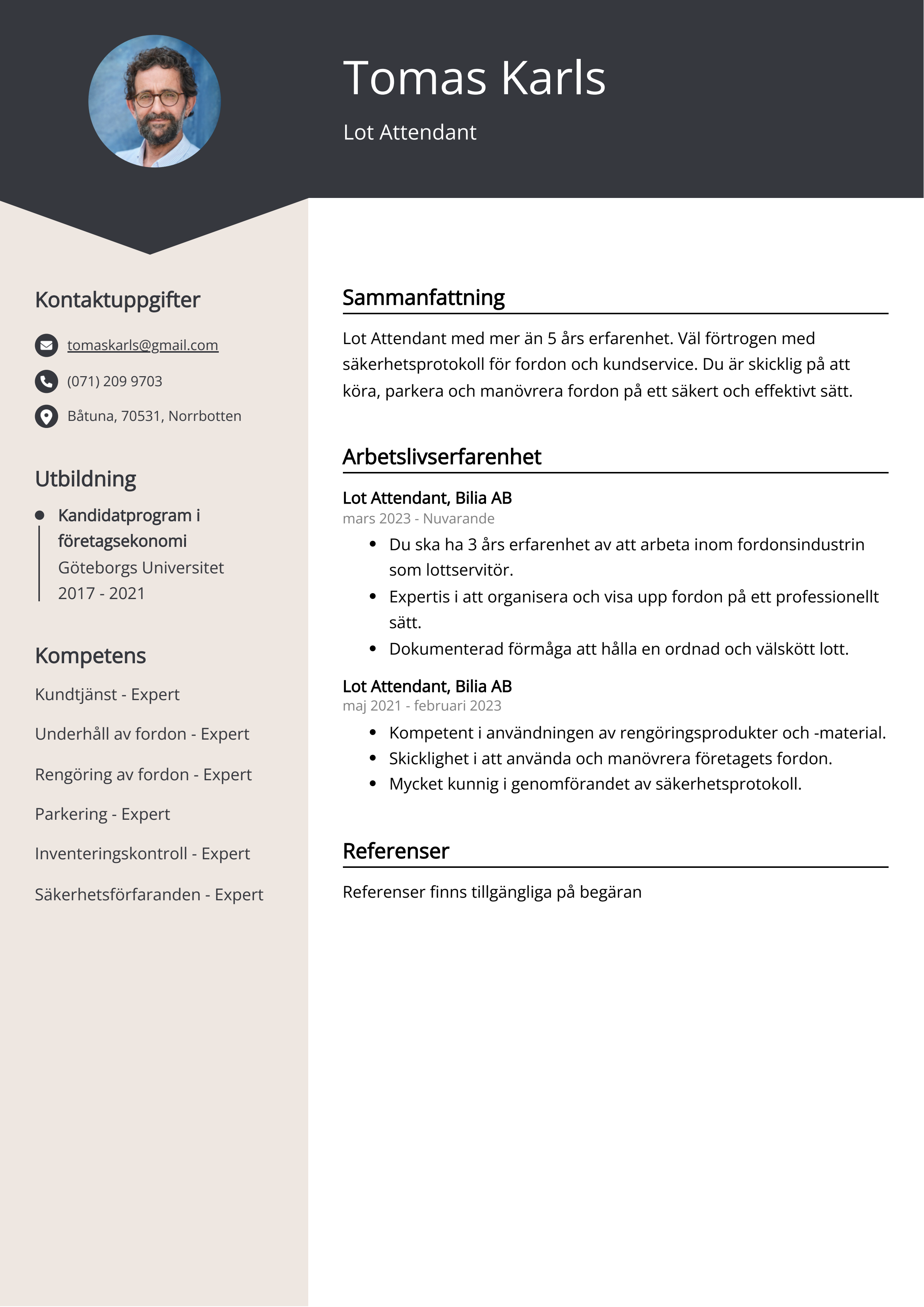 Lot Attendant Exempel på CV