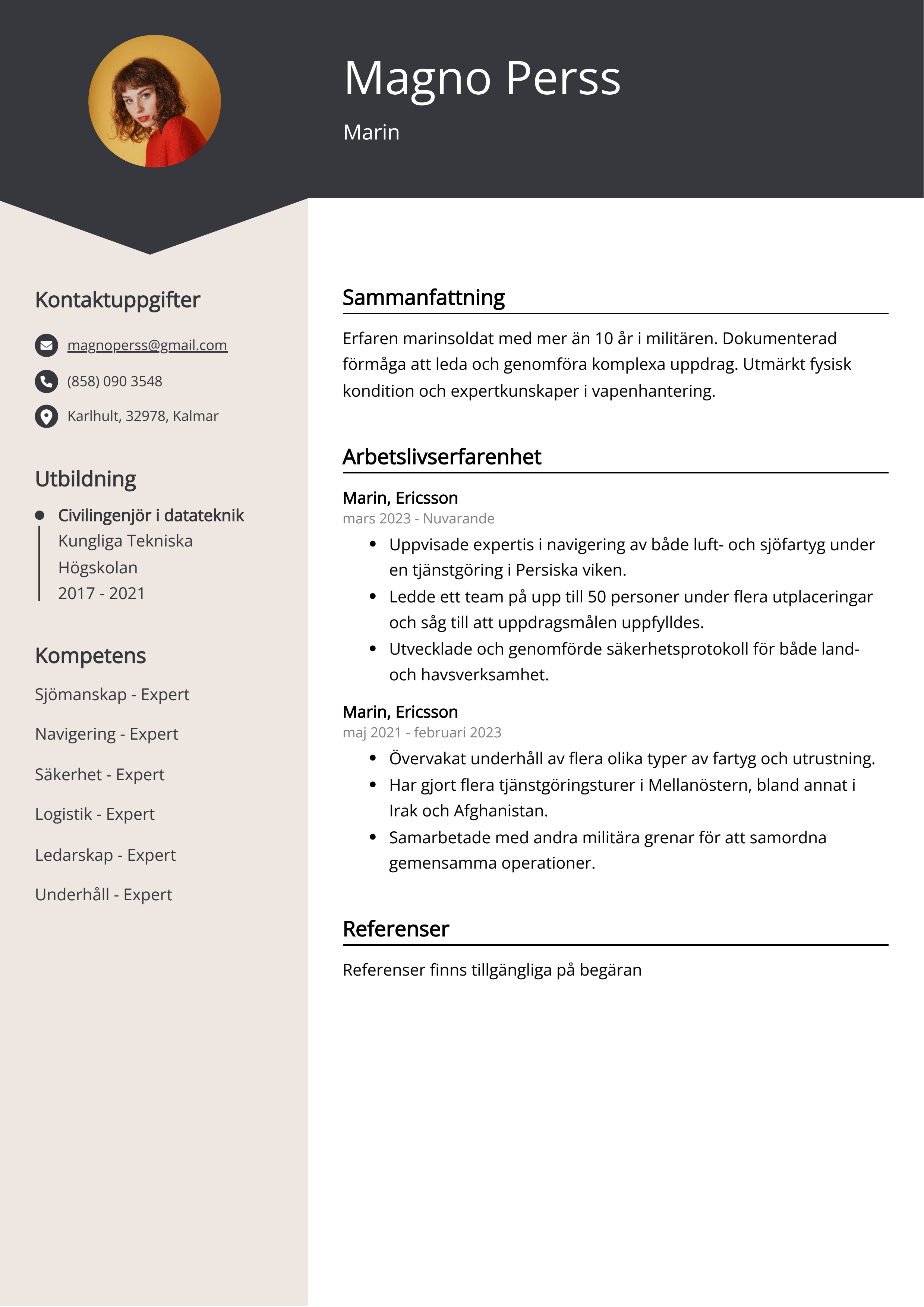 Marin CV exempel