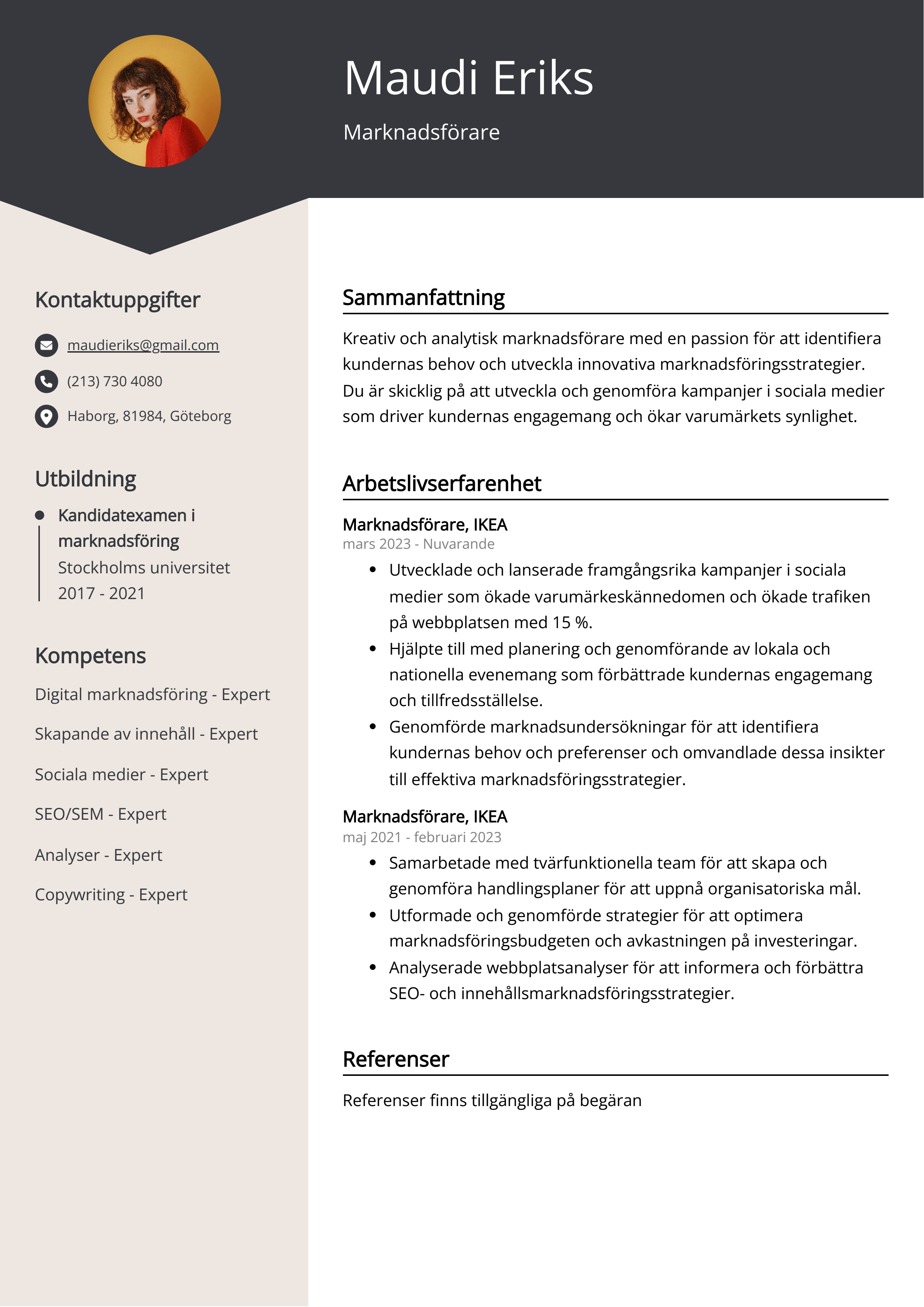 Marknadsförare CV Exempel