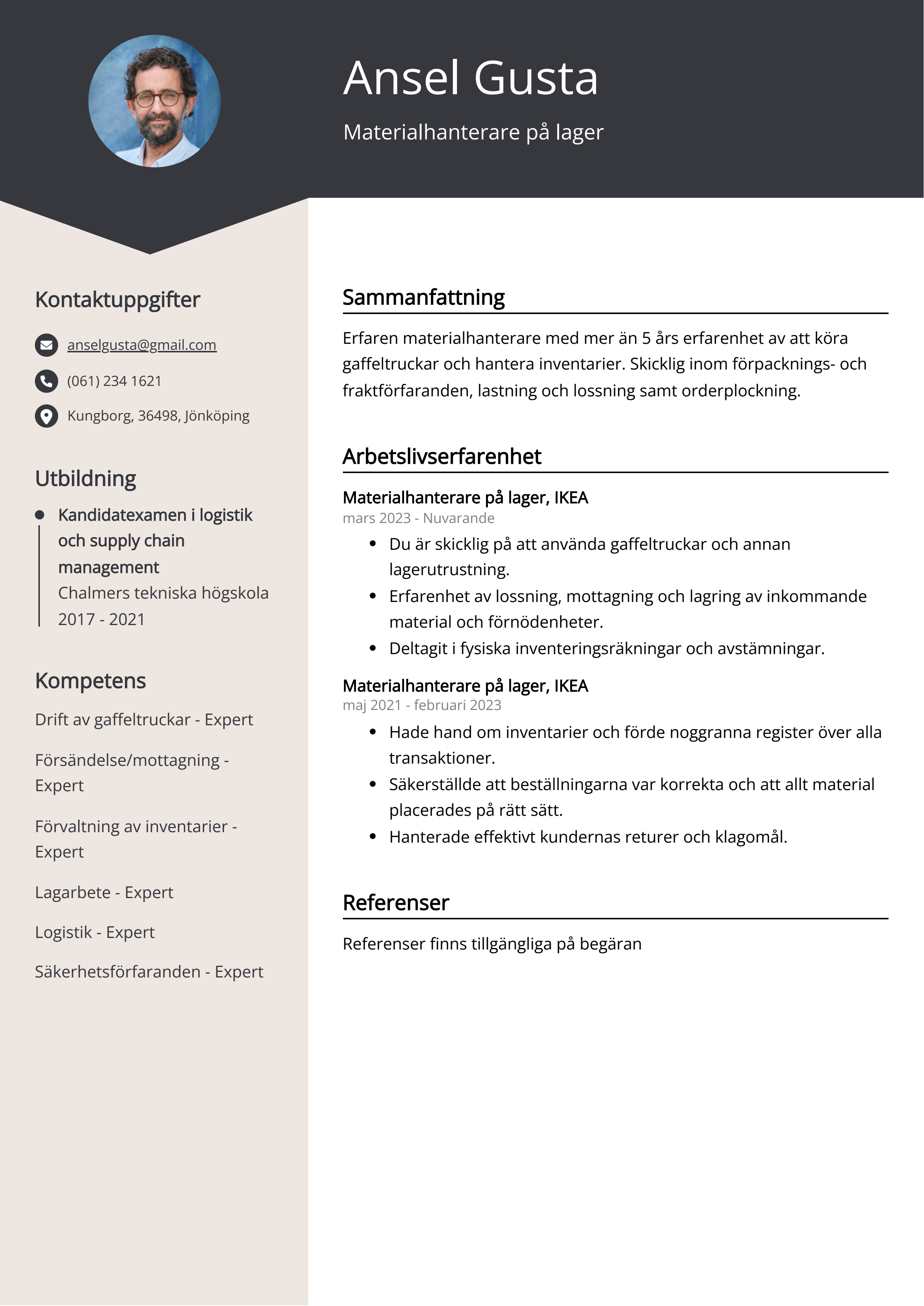 Materialhanterare på lager CV Exempel