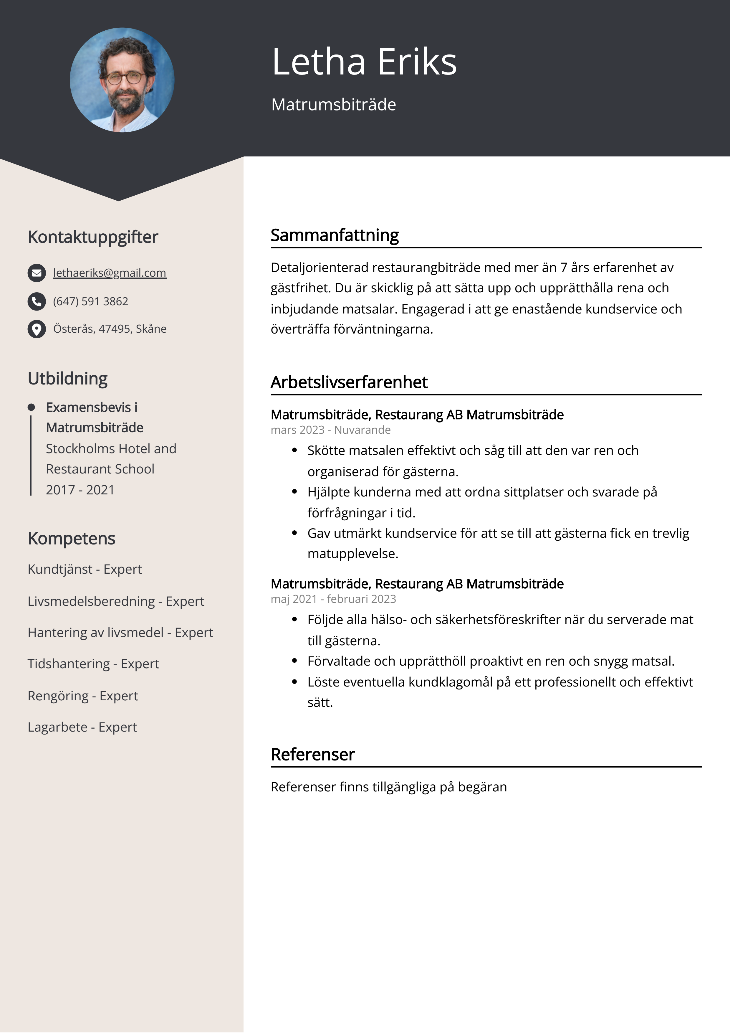 Matrumsbiträde CV Exempel