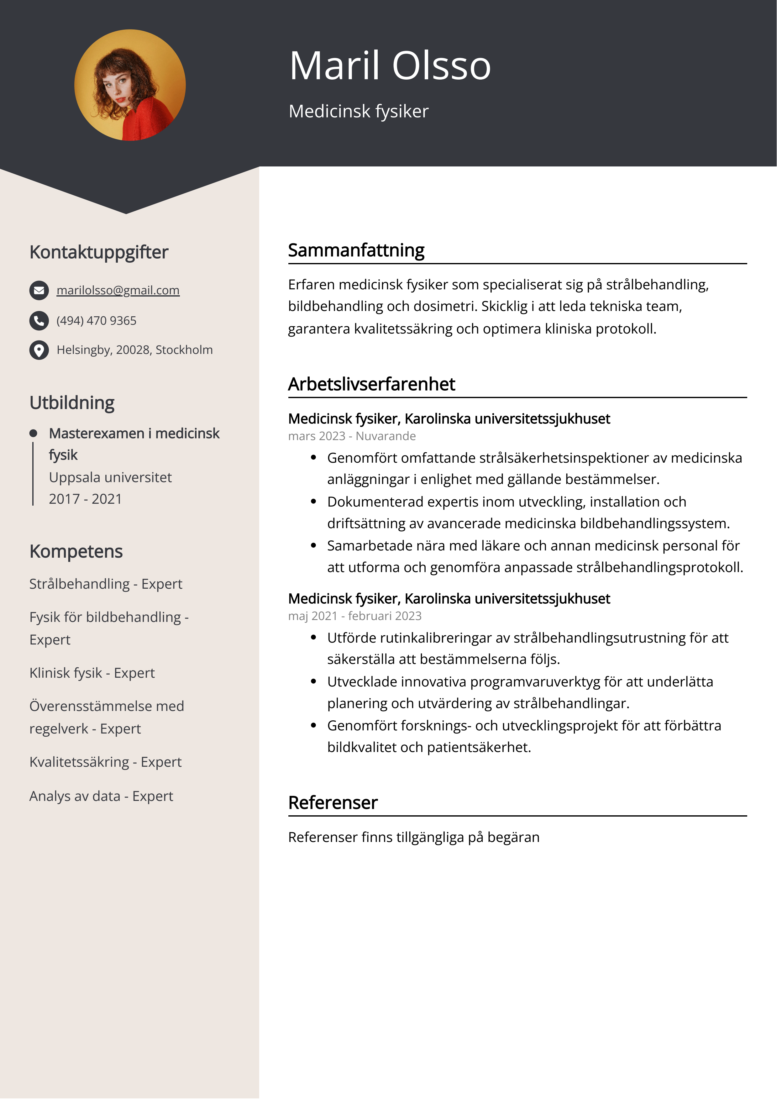 Medicinsk fysiker CV Exempel