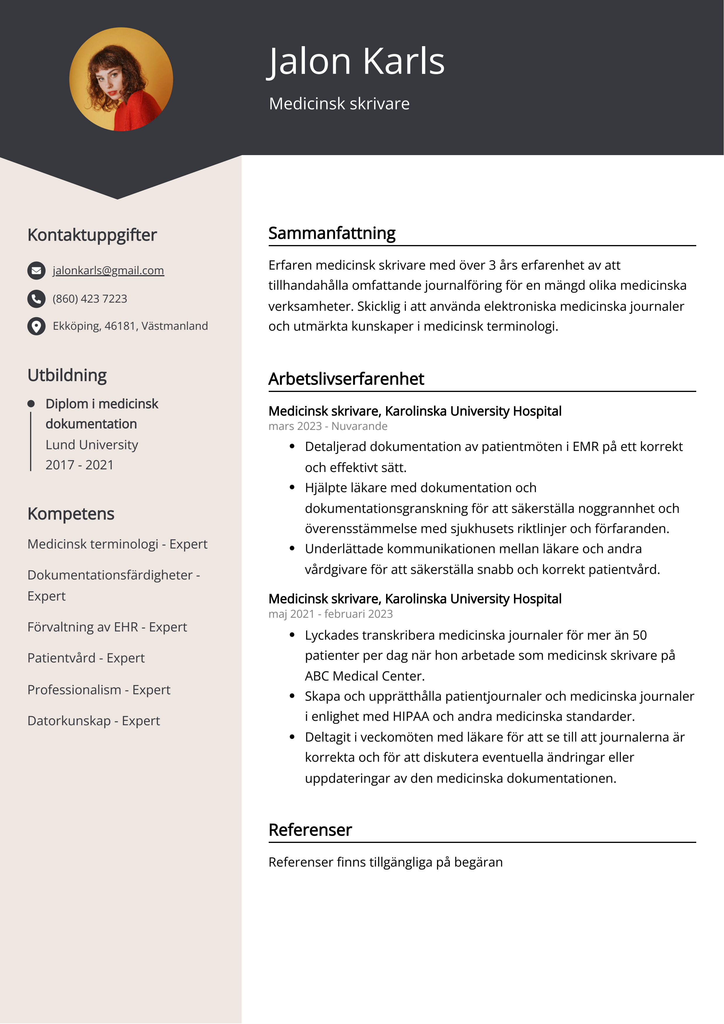 Medicinsk skrivare CV Exempel