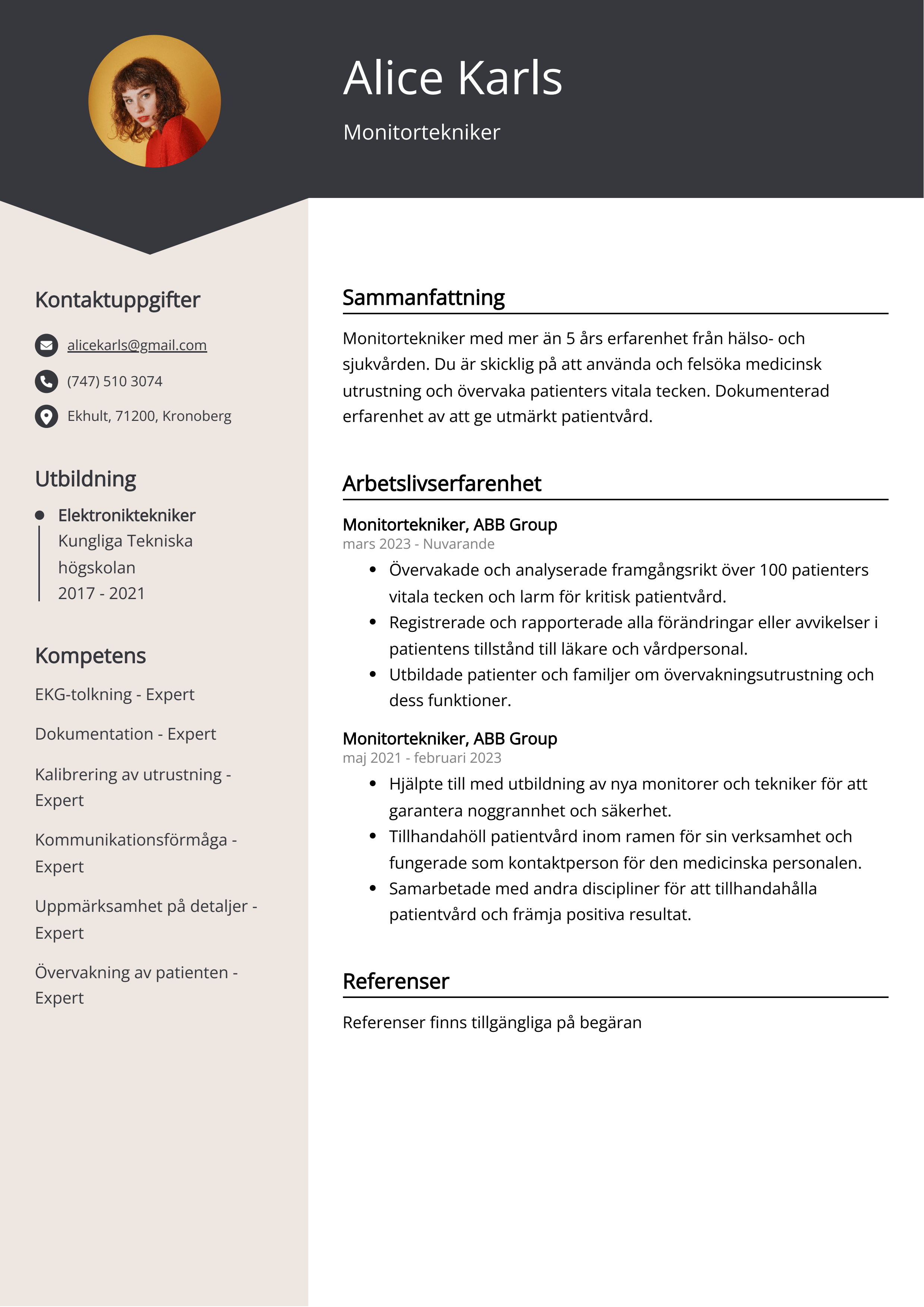 Exempel på CV för monitortekniker