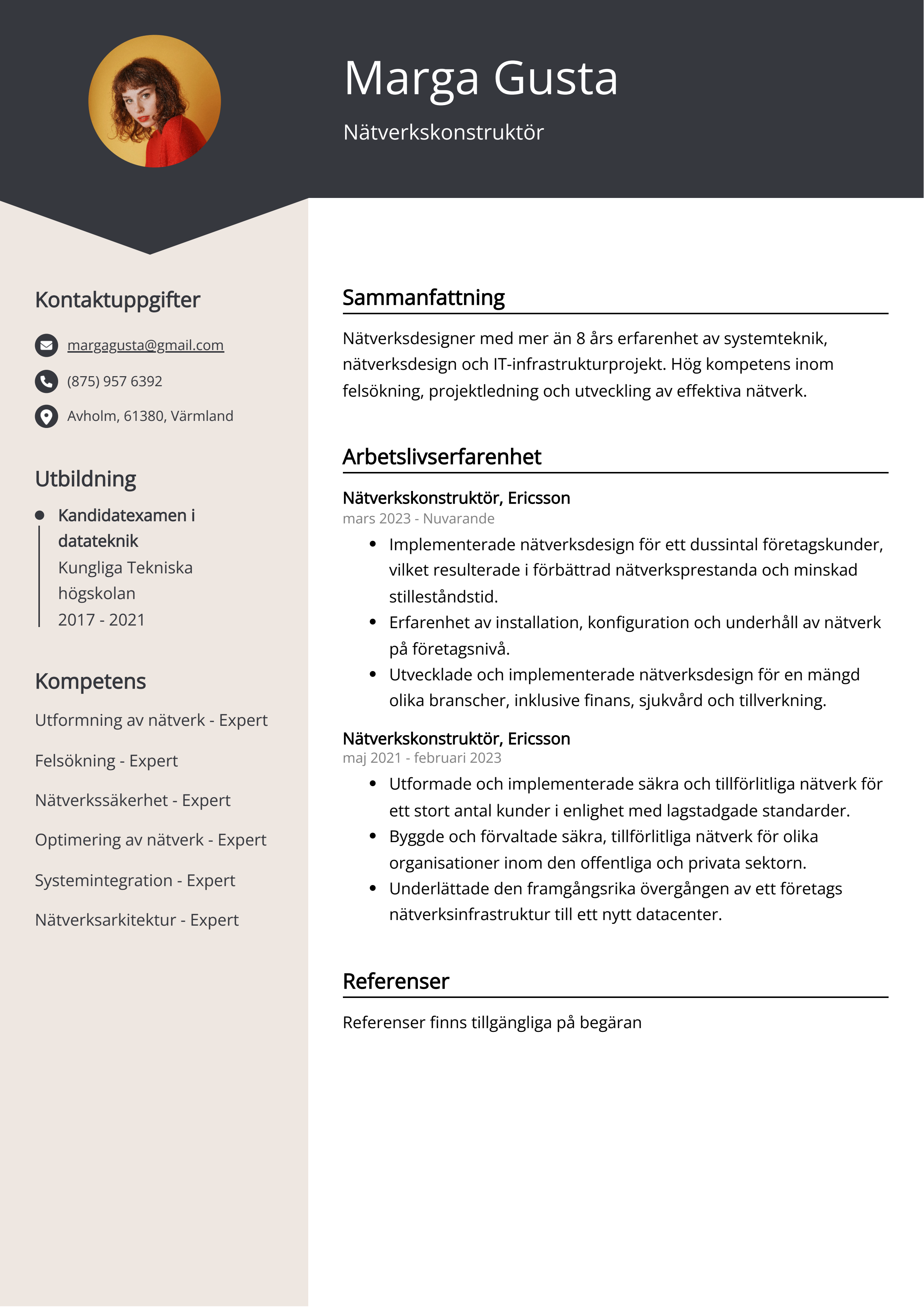 Nätverkskonstruktör CV Exempel