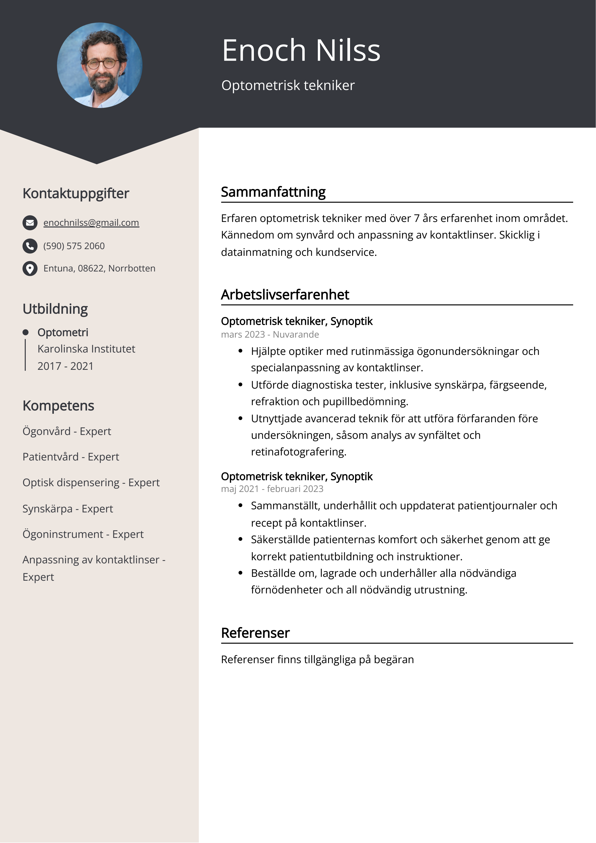 Optometrisk tekniker CV Exempel