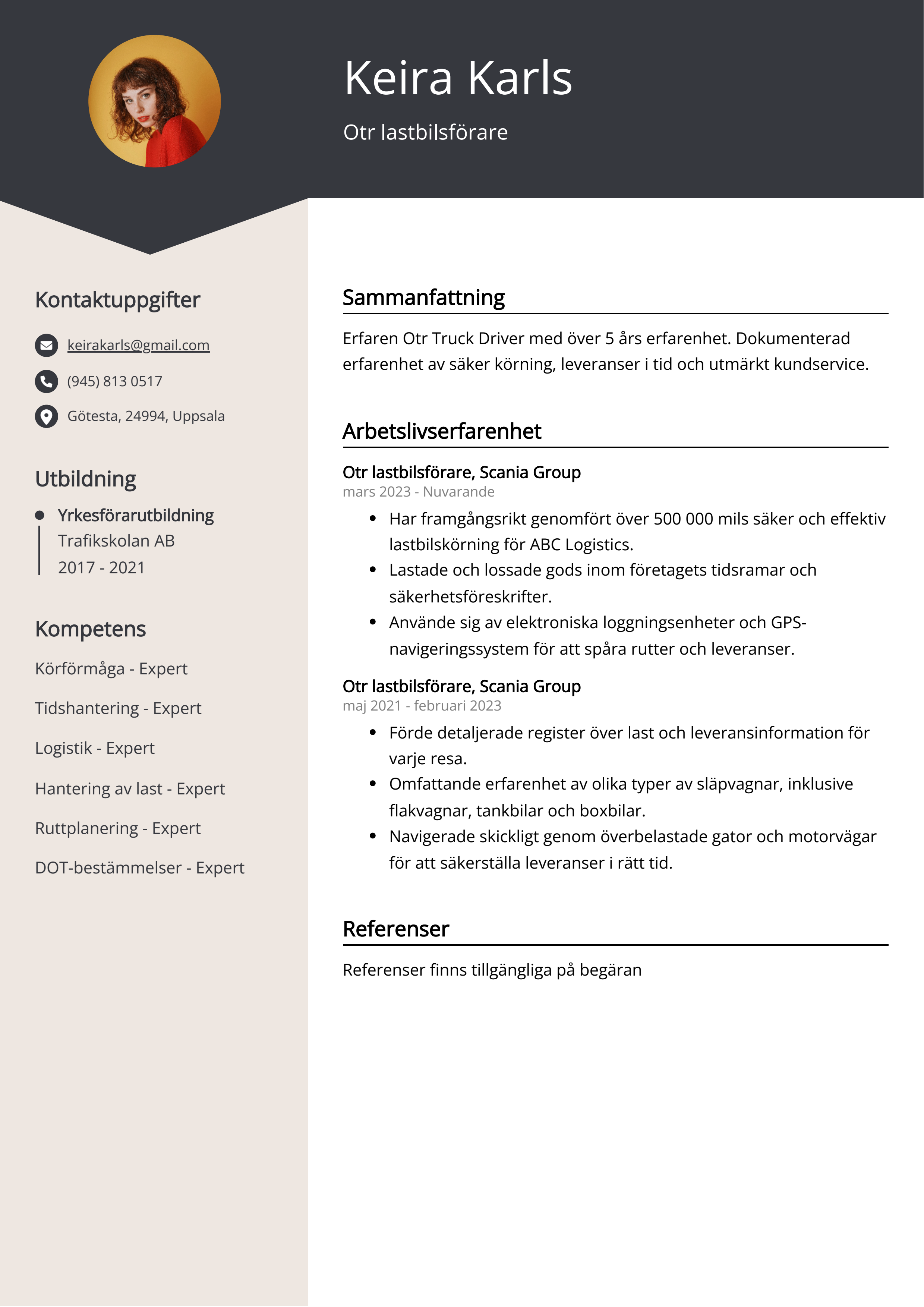 Otr lastbilsförare CV Exempel