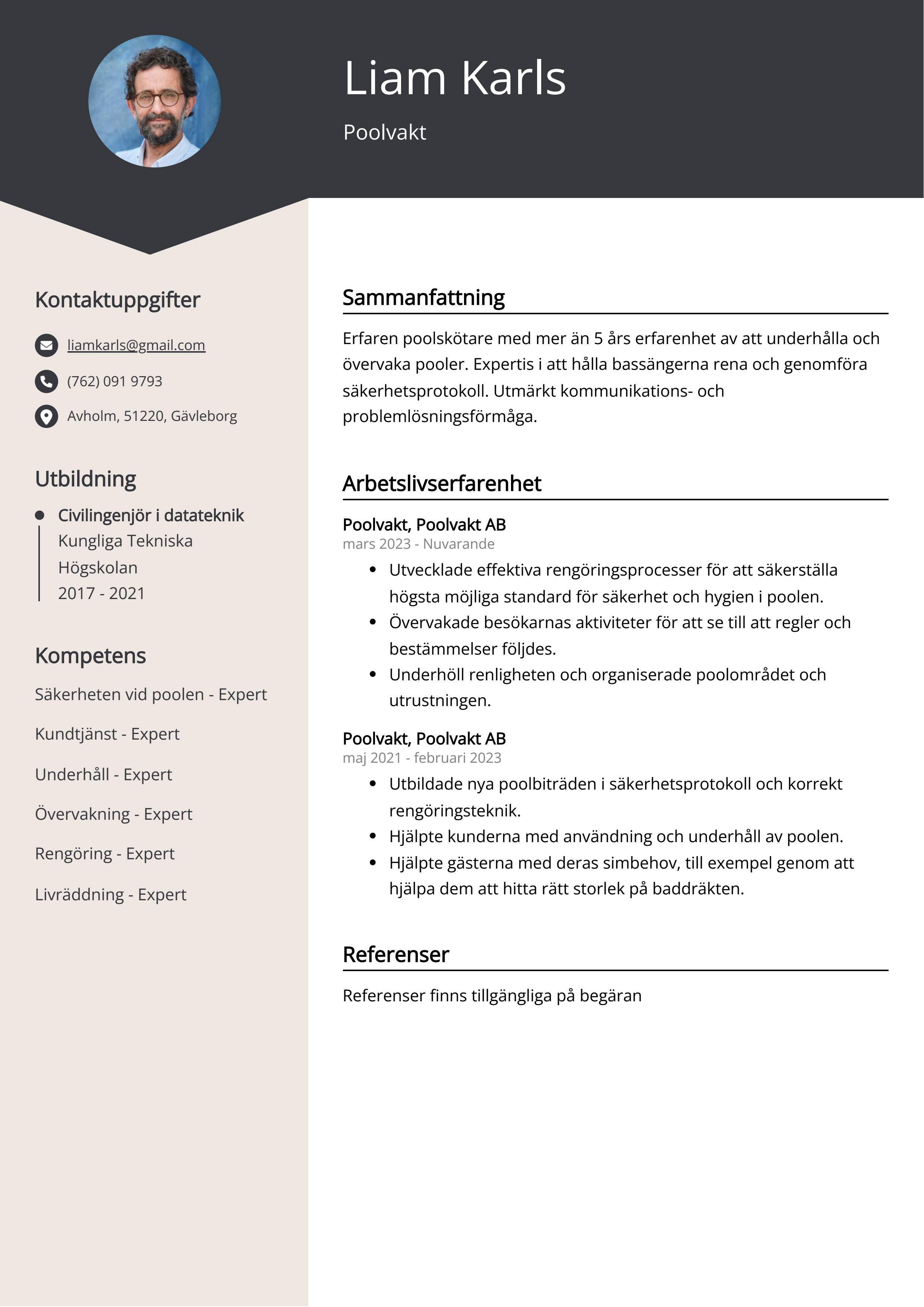 Poolvakt CV exempel