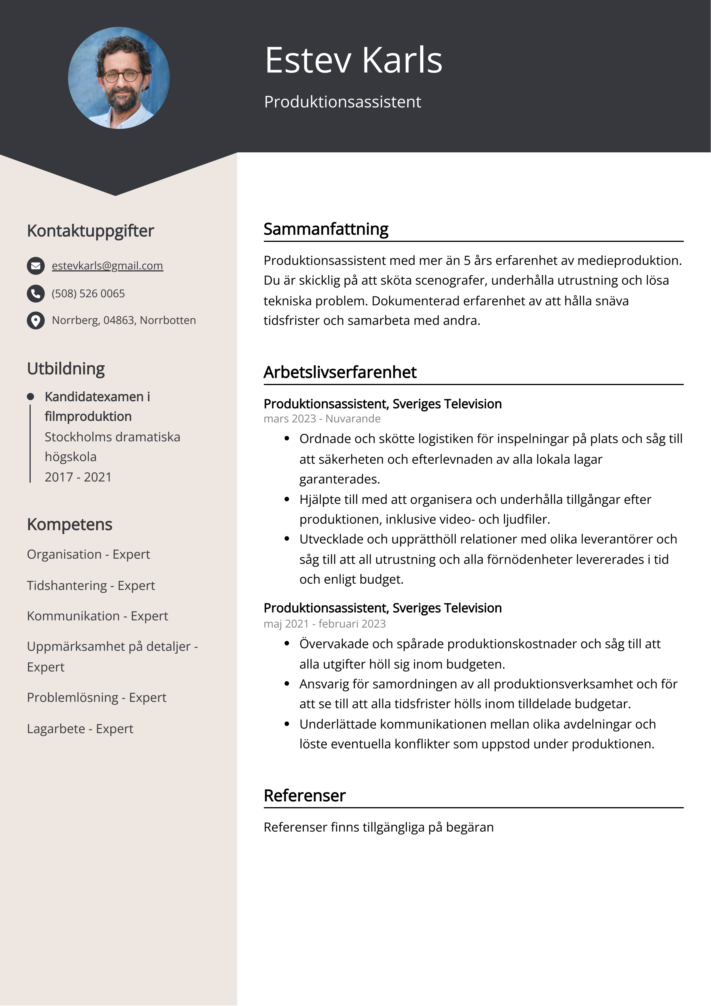 Produktionsassistent CV Exempel