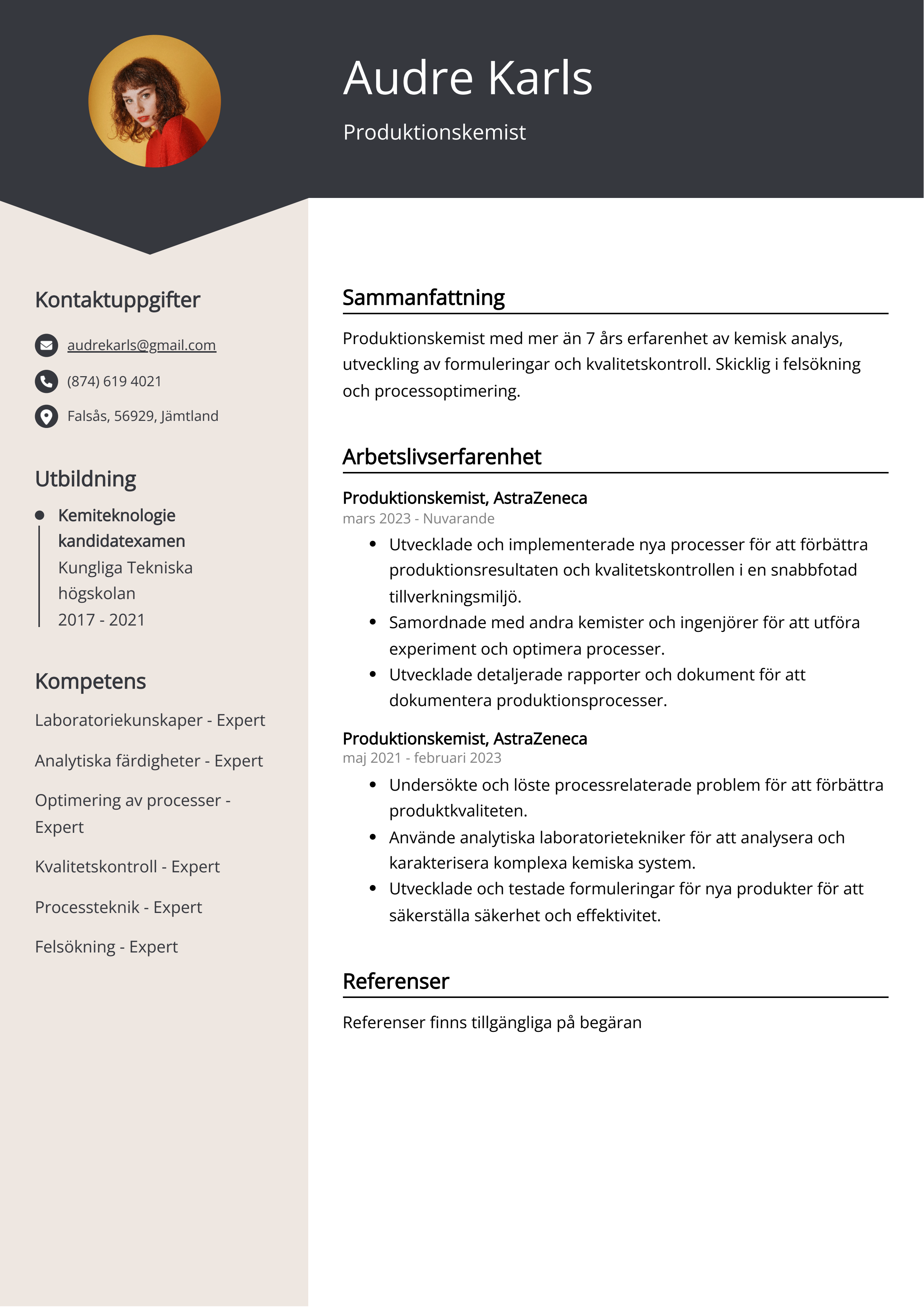 Produktionskemist CV Exempel