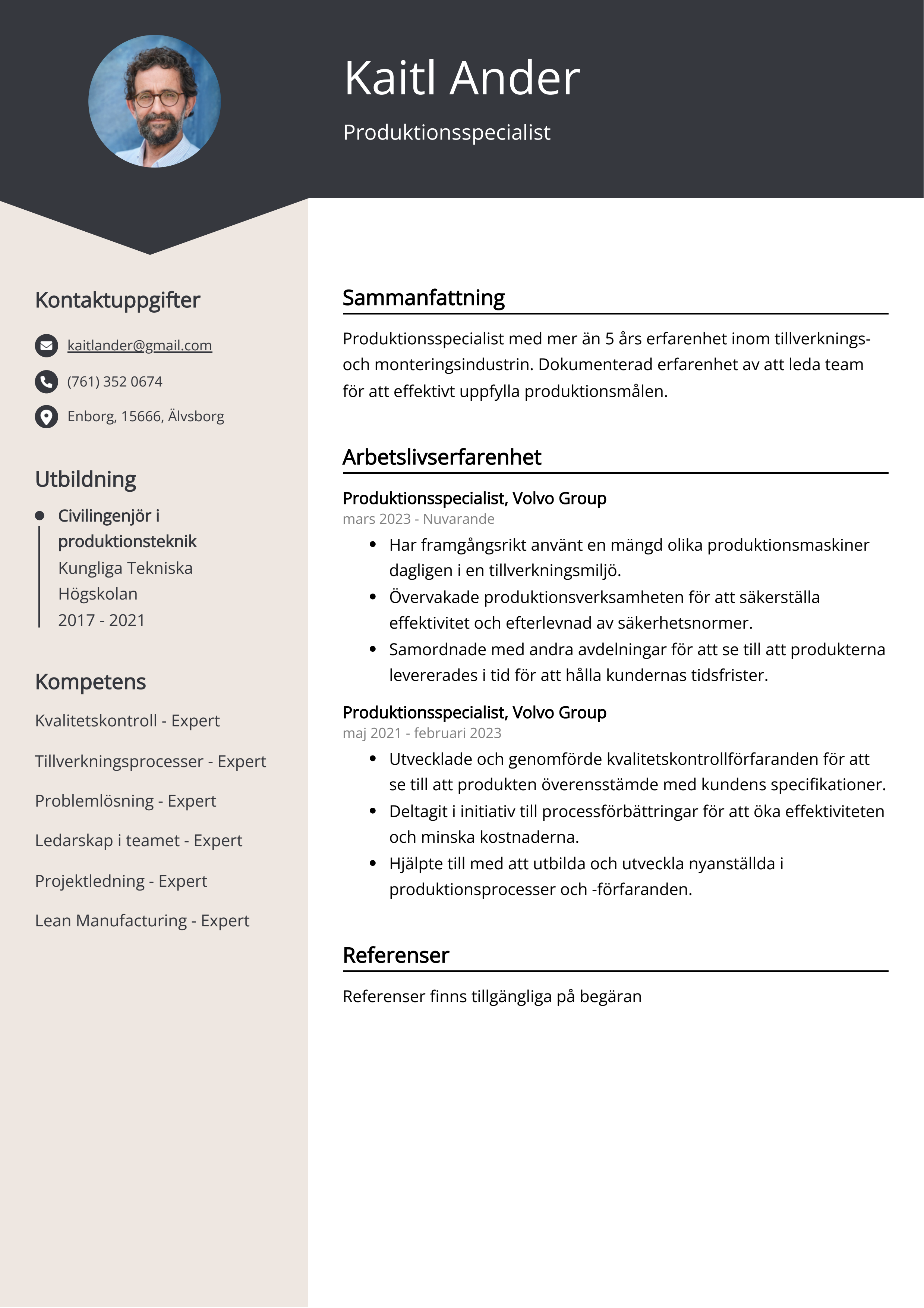 Produktionsspecialist CV exempel