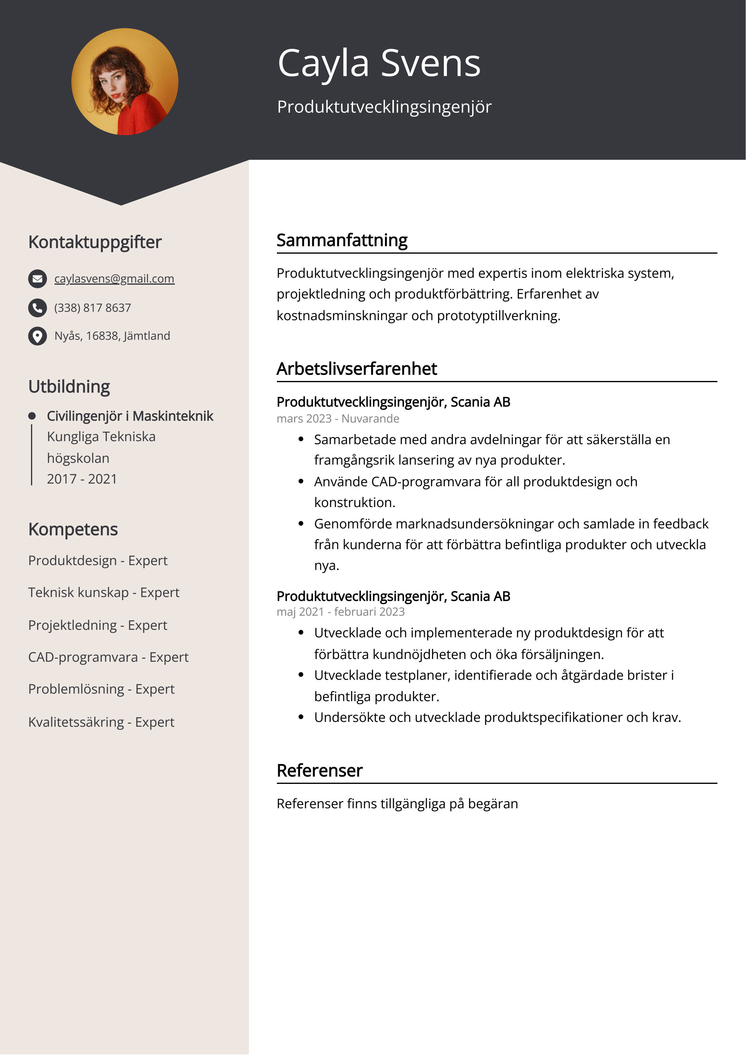 Produktutvecklingsingenjör CV Exempel