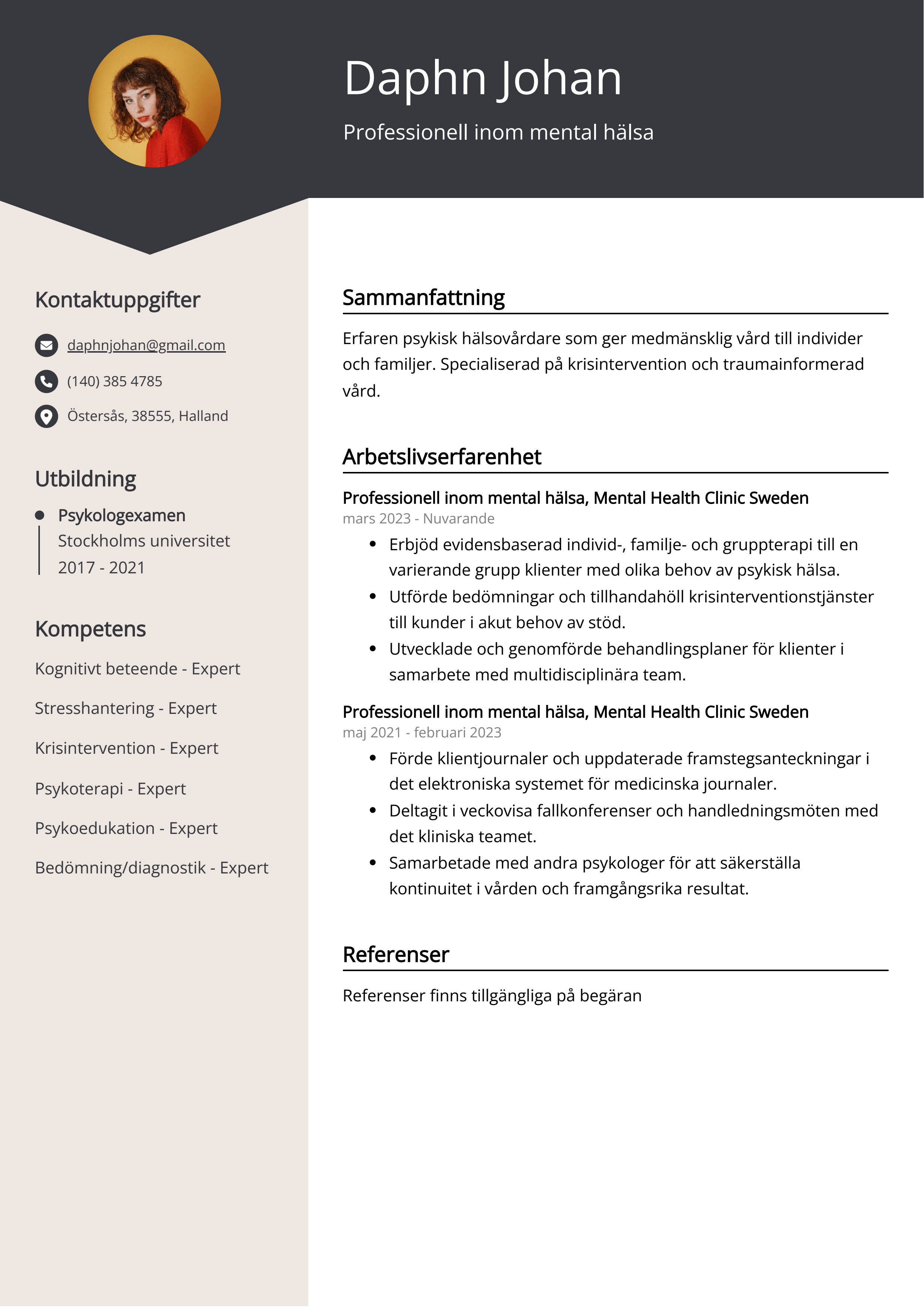 Professionell inom mental hälsa Resumé Exempel