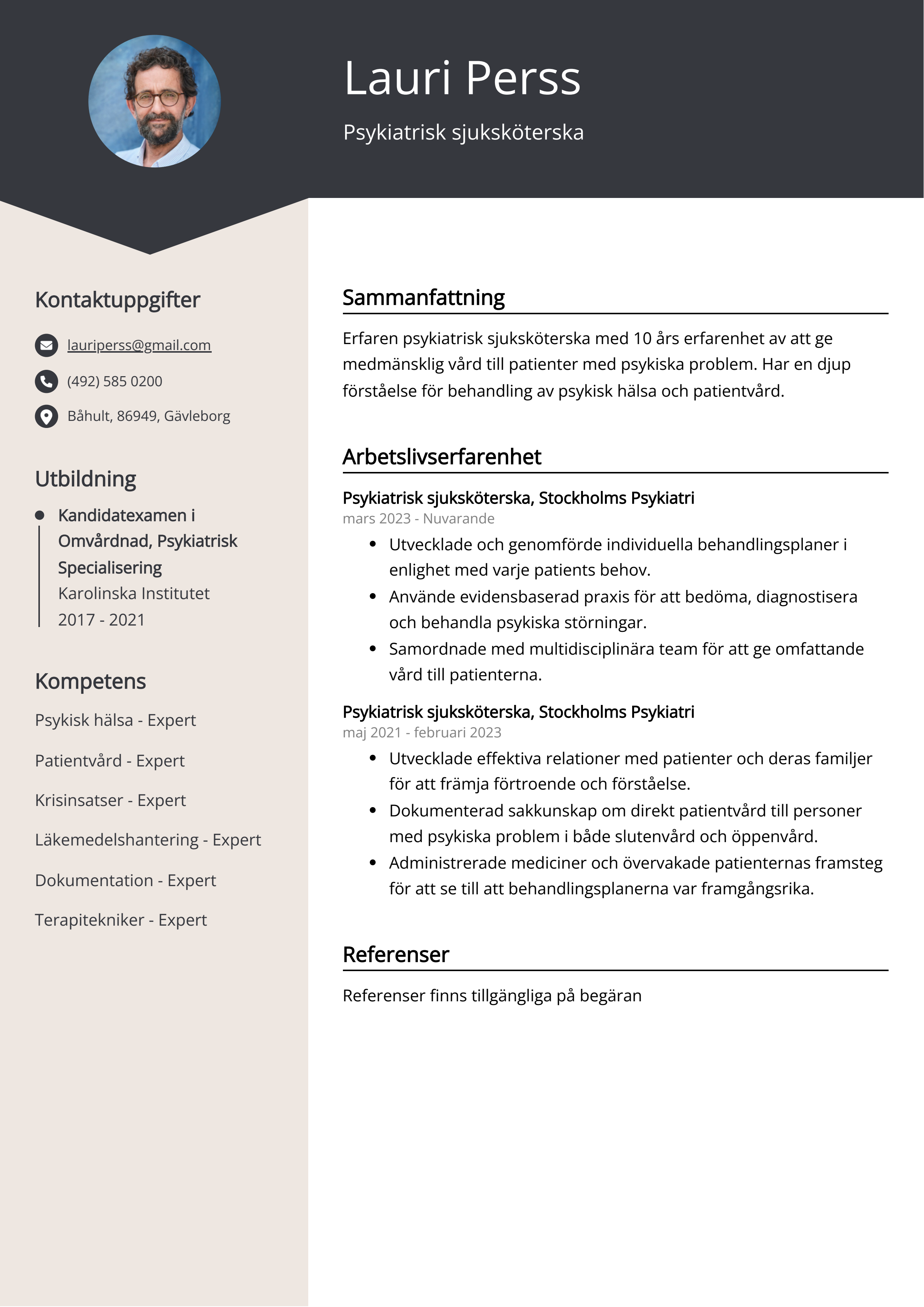 Psykiatrisk sjuksköterska Exempel på meritförteckning