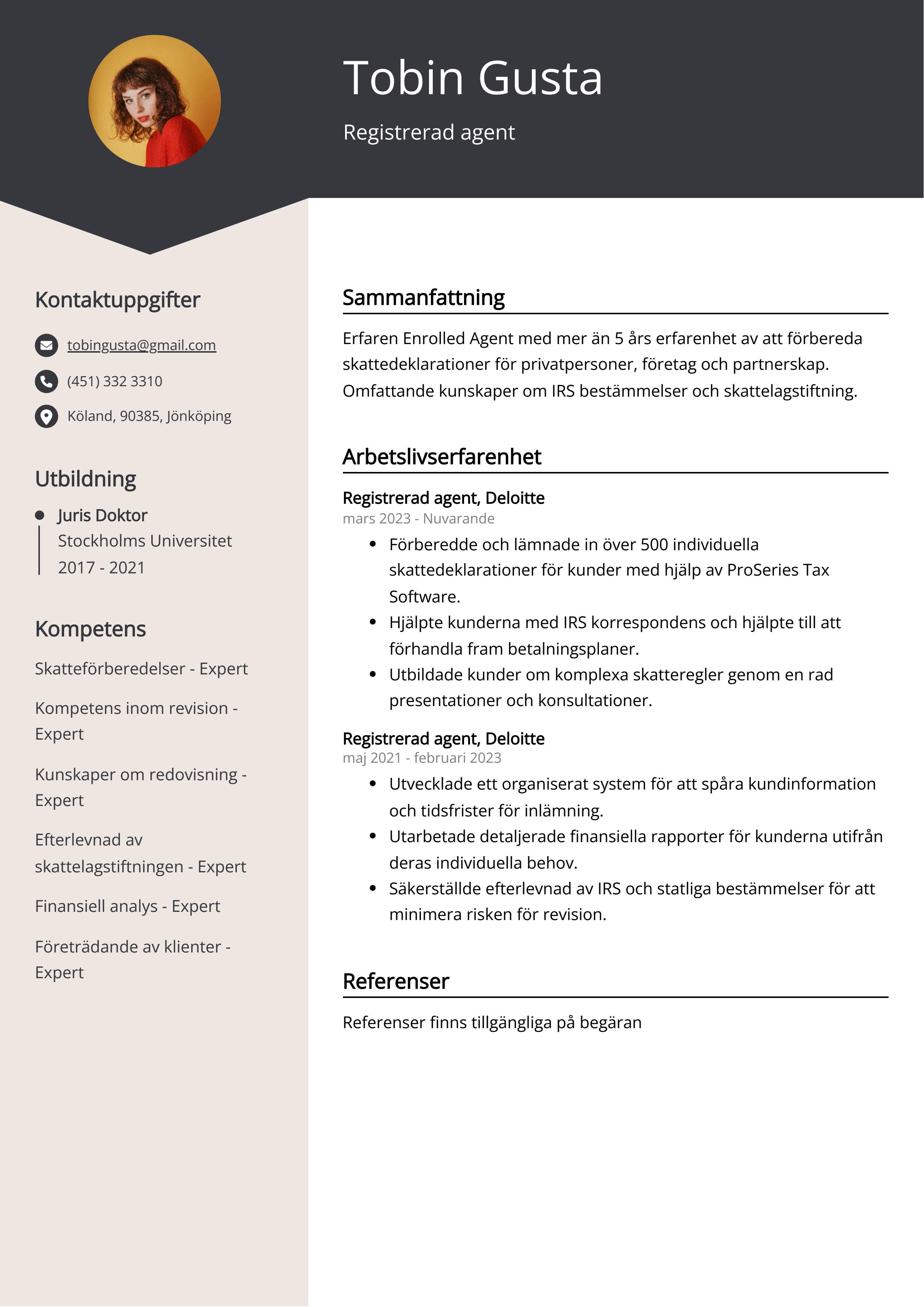 Registrerad agent CV Exempel