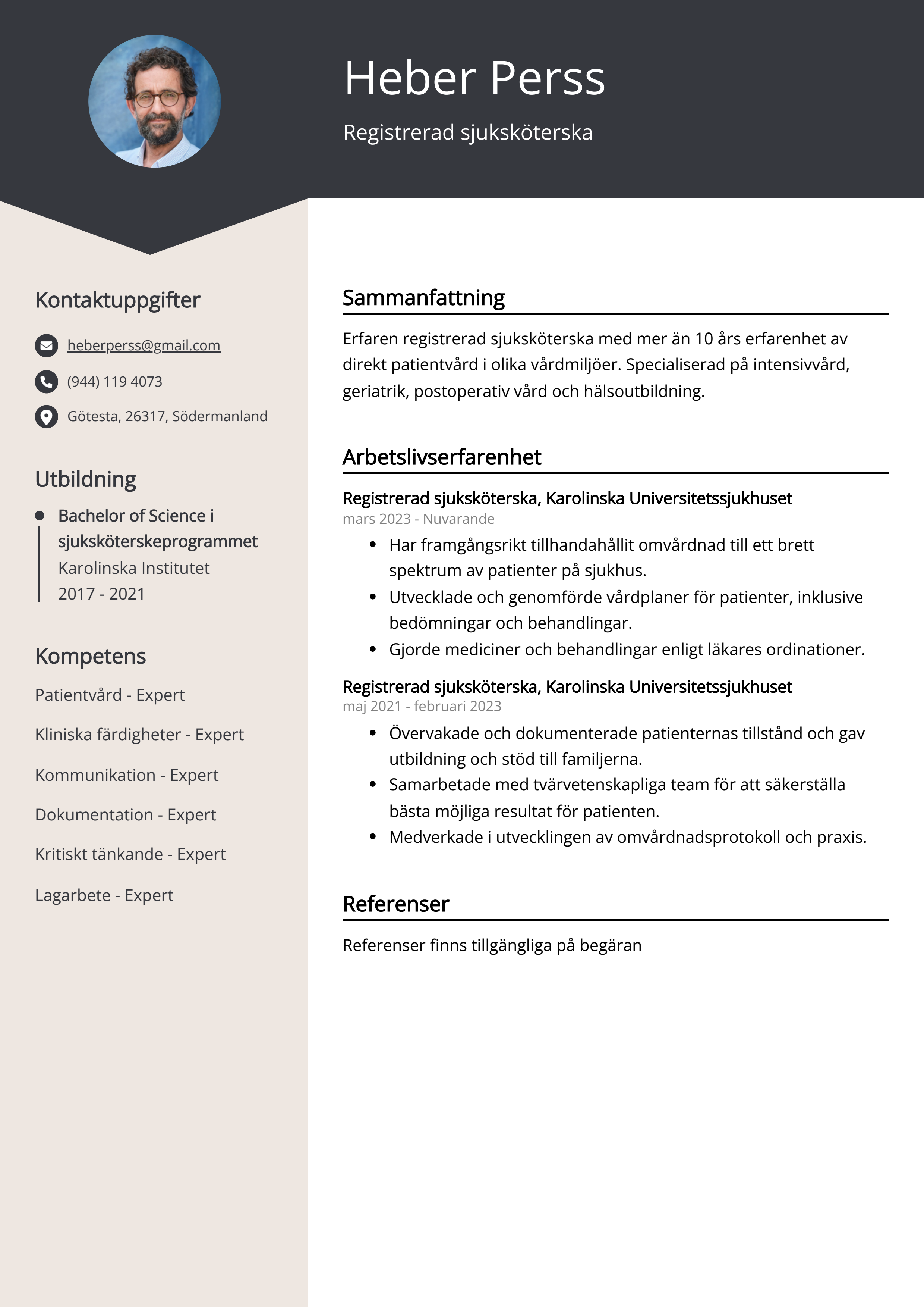 Registrerad sjuksköterska Resumé Exempel