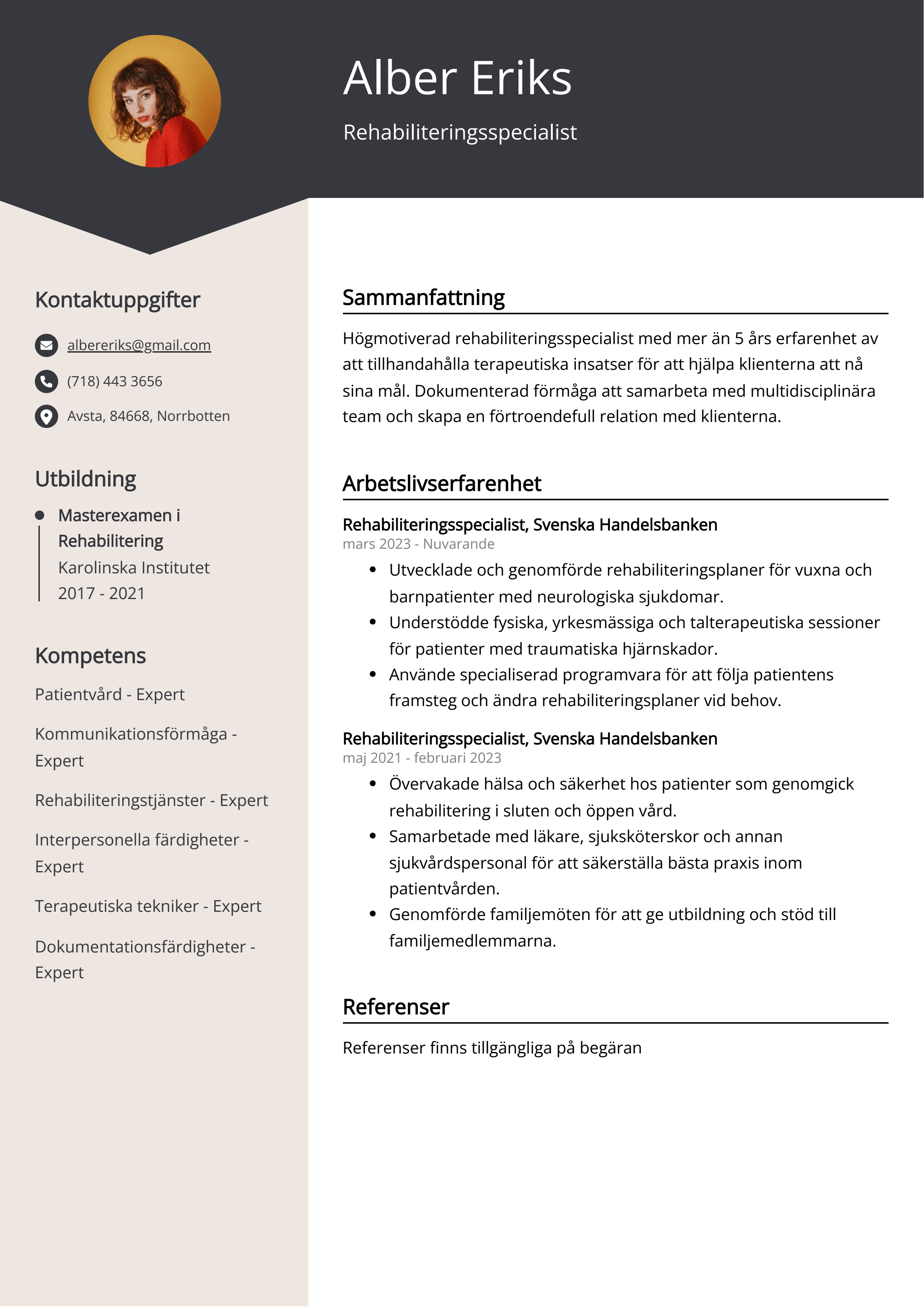 Rehabiliteringsspecialist CV Exempel