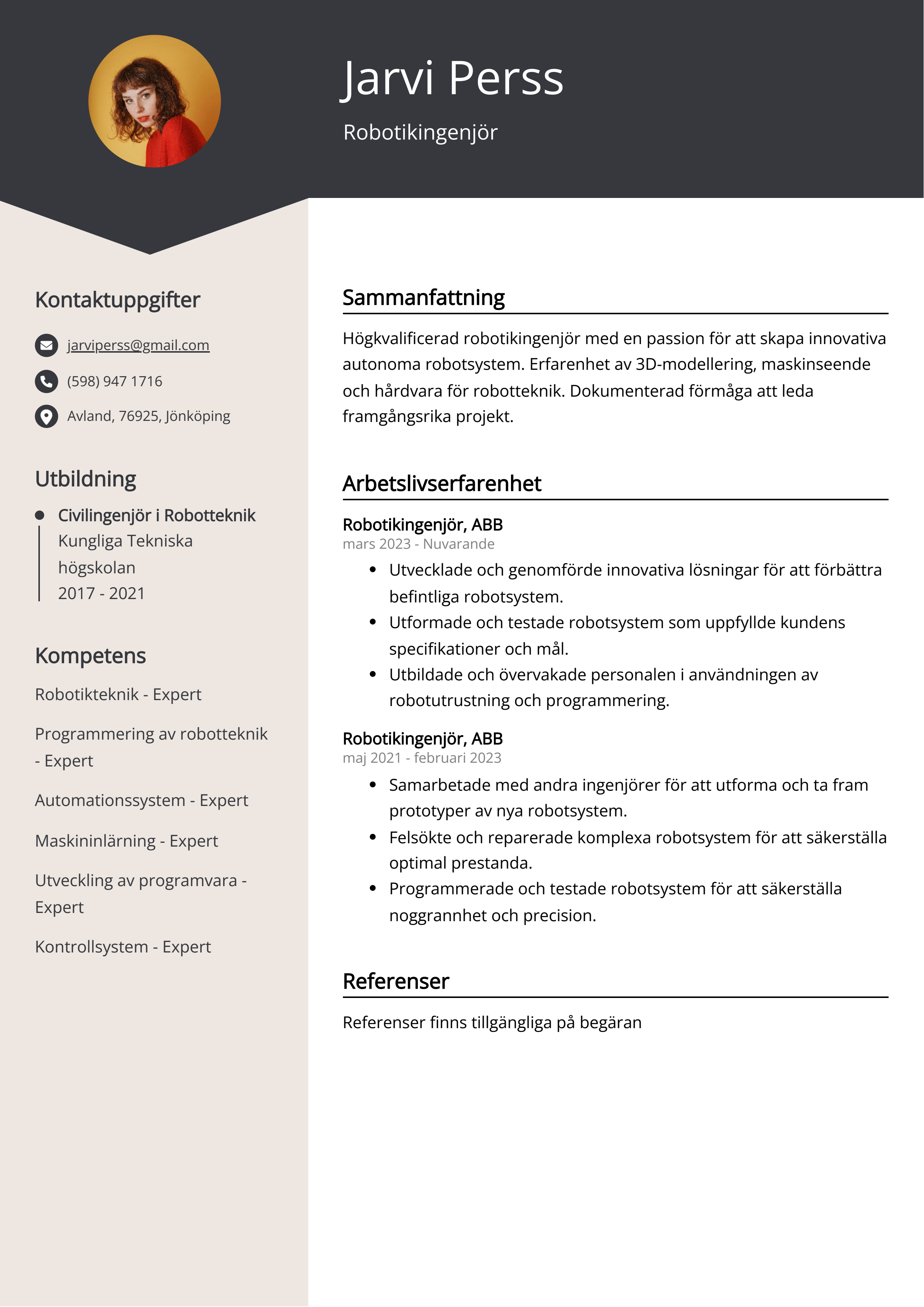 Robotikingenjör CV Exempel