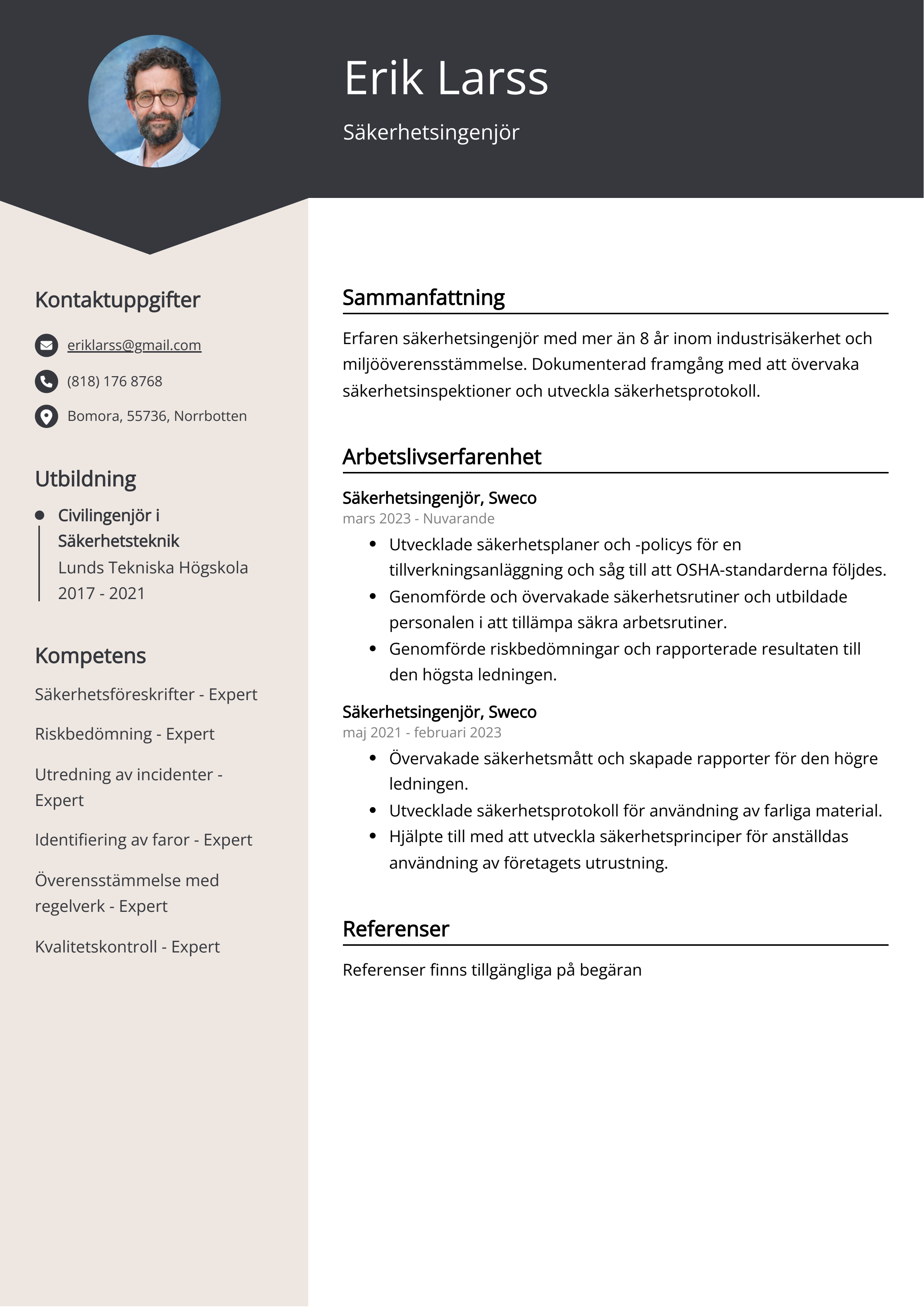 Säkerhetsingenjör CV Exempel